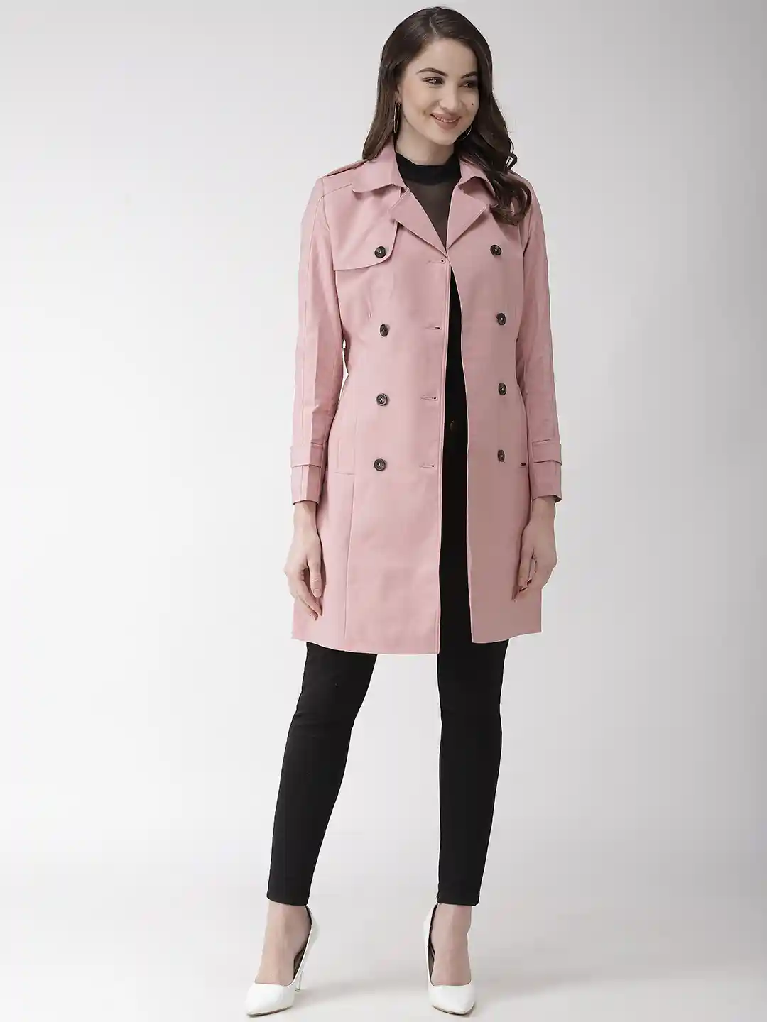 Buy Okane Women Dusty Pink Solid Double-Breasted Trench Coat with