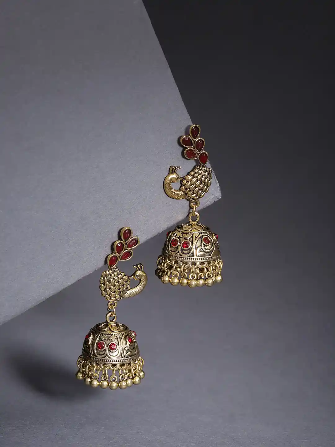 Jewels Galaxy Burgundy Antique Gold-Plated Stone-Studded Textured Dome  Shaped Jhumkas