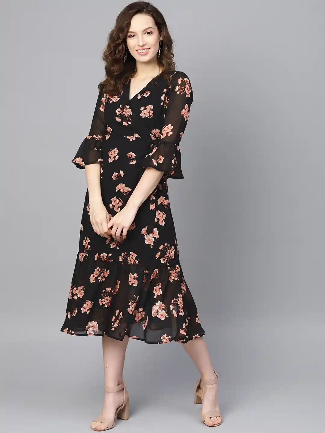Buy SASSAFRAS Black Pink Floral Printed Wrap Dress Dresses for