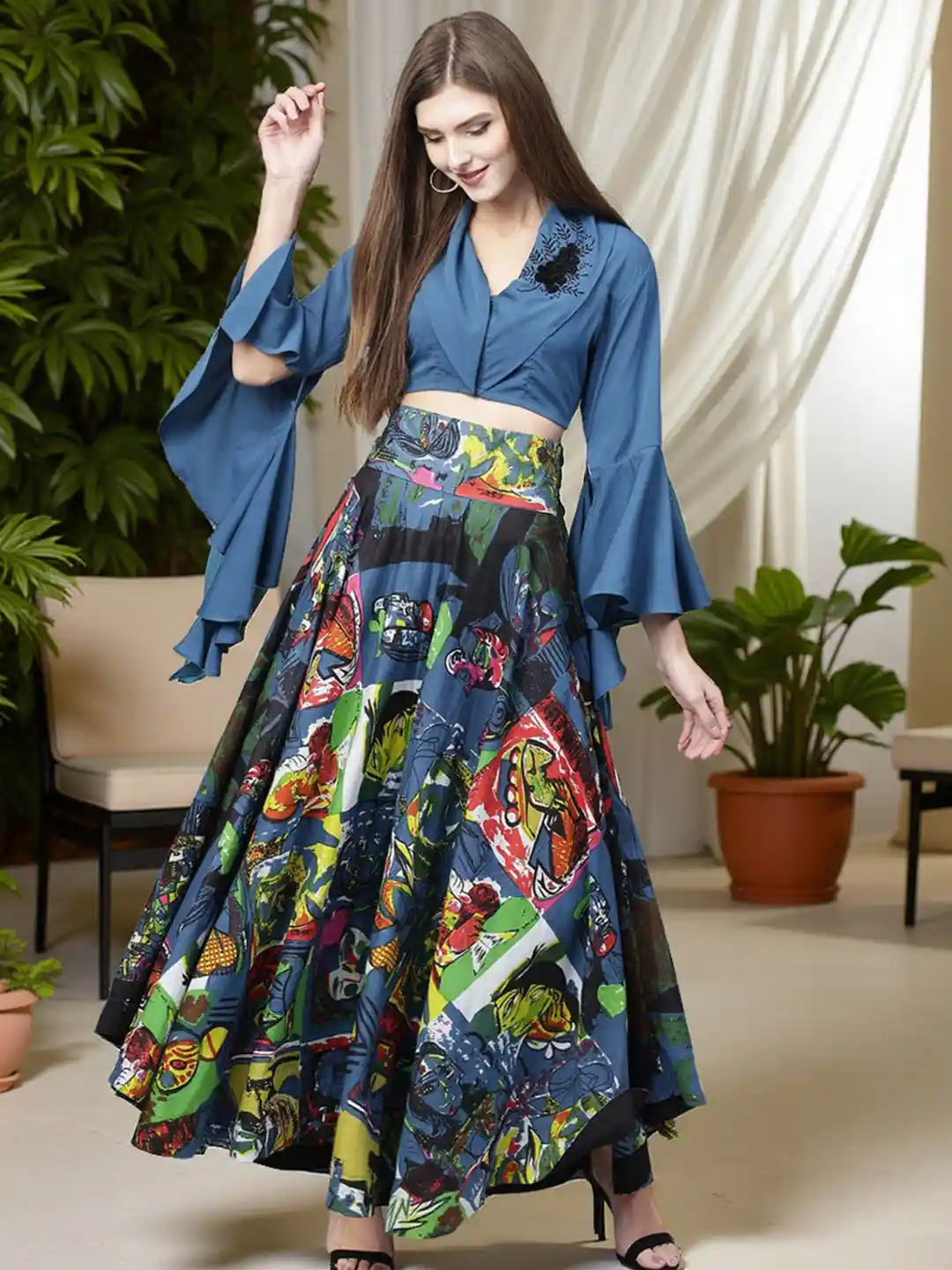 Buy Pannkh Women Blue Multicoloured Solid Top with Skirt Co