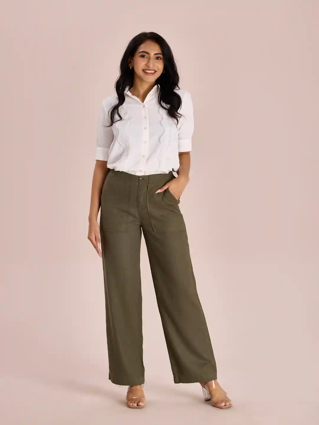 Go Colors Women Olive Green Solid Relaxed Fit Solid Parallel Trousers
