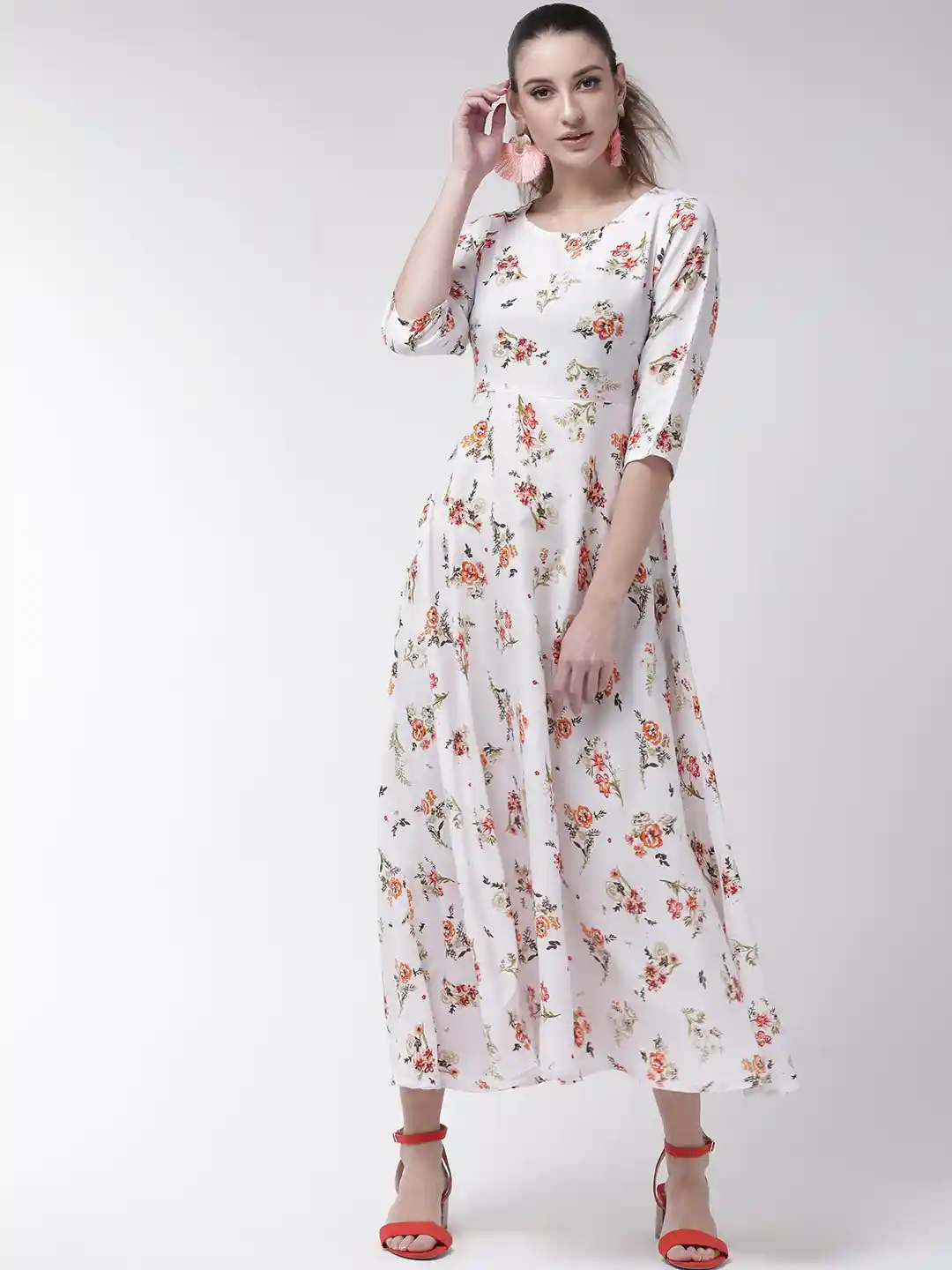 Buy U&F Women White Orange Floral Print Maxi Dress Dresses for
