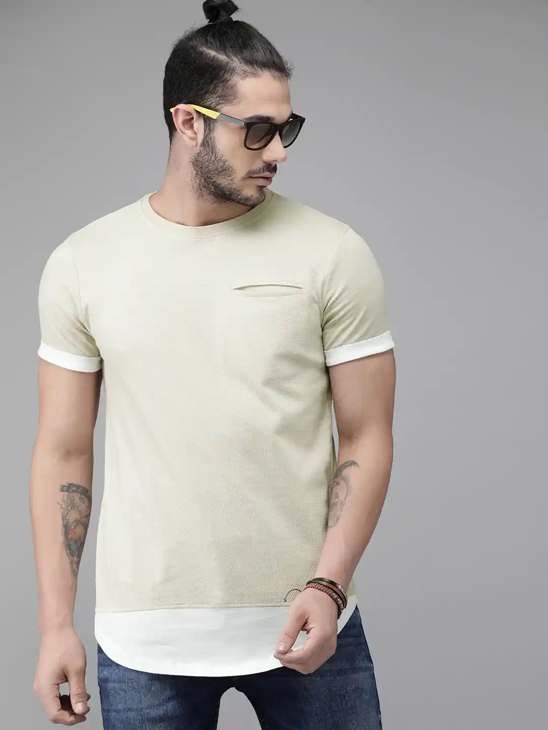 Buy Roadster Men Beige Self Design Round Neck Pure Cotton T-shirt
