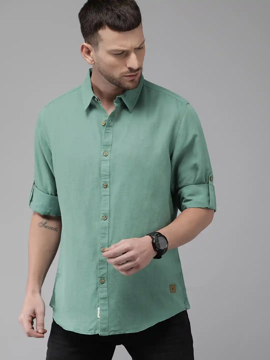 Buy Roadster Men Sea Green Regular Fit Solid Casual Linen Shirt