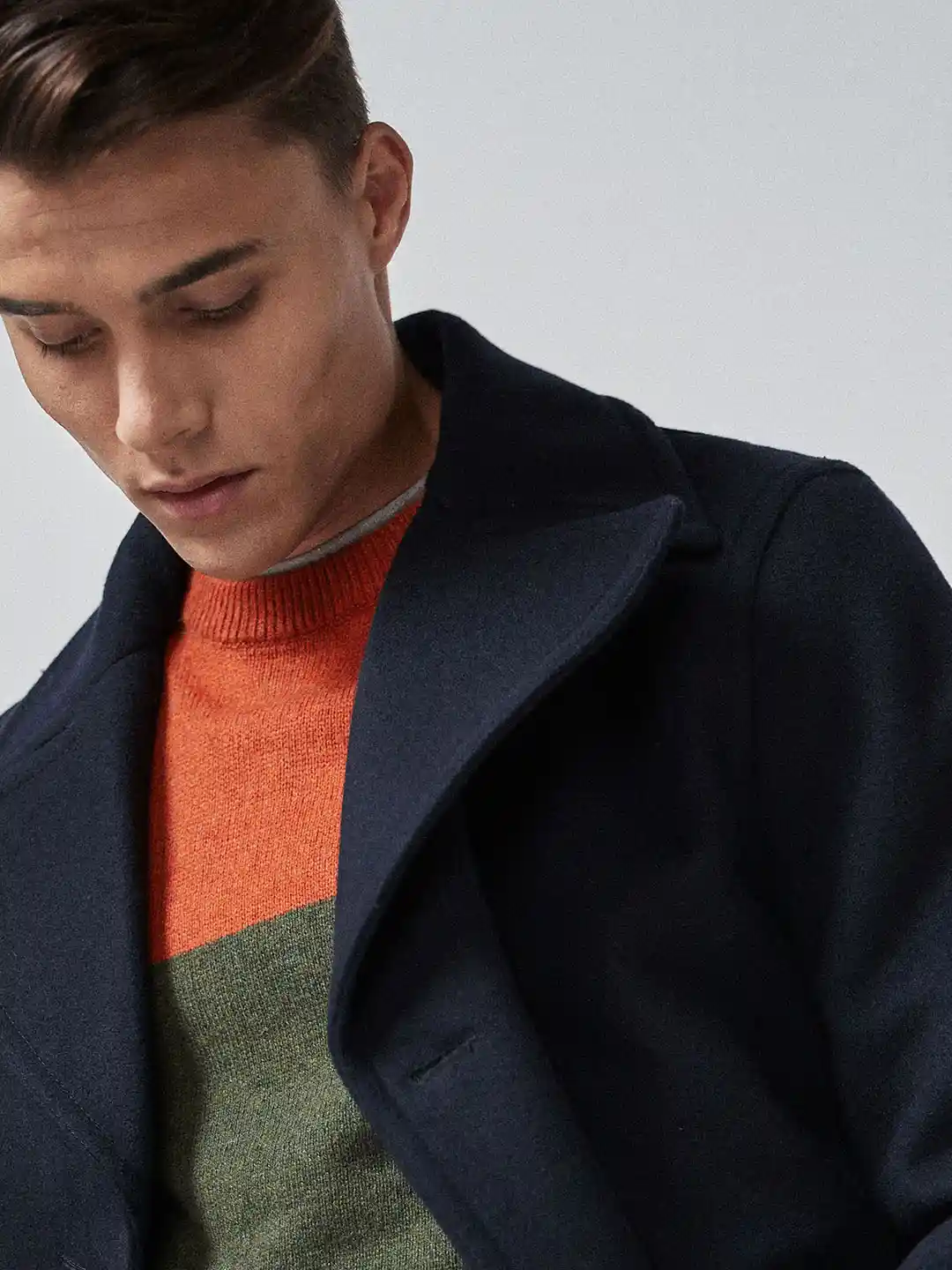 Buy next Men Navy Blue Solid Double-Breasted Wool Rich Pea Coat