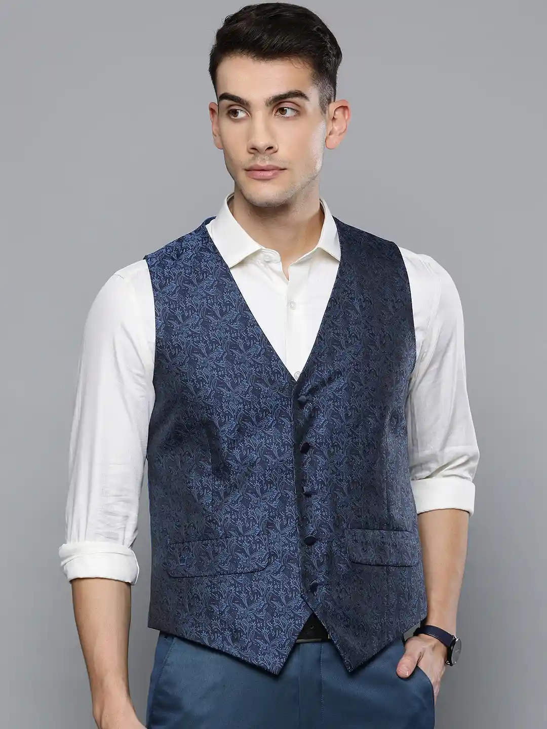 Buy Louis Philippe Men Navy Blue Slim Fit Self-Design Waistcoat