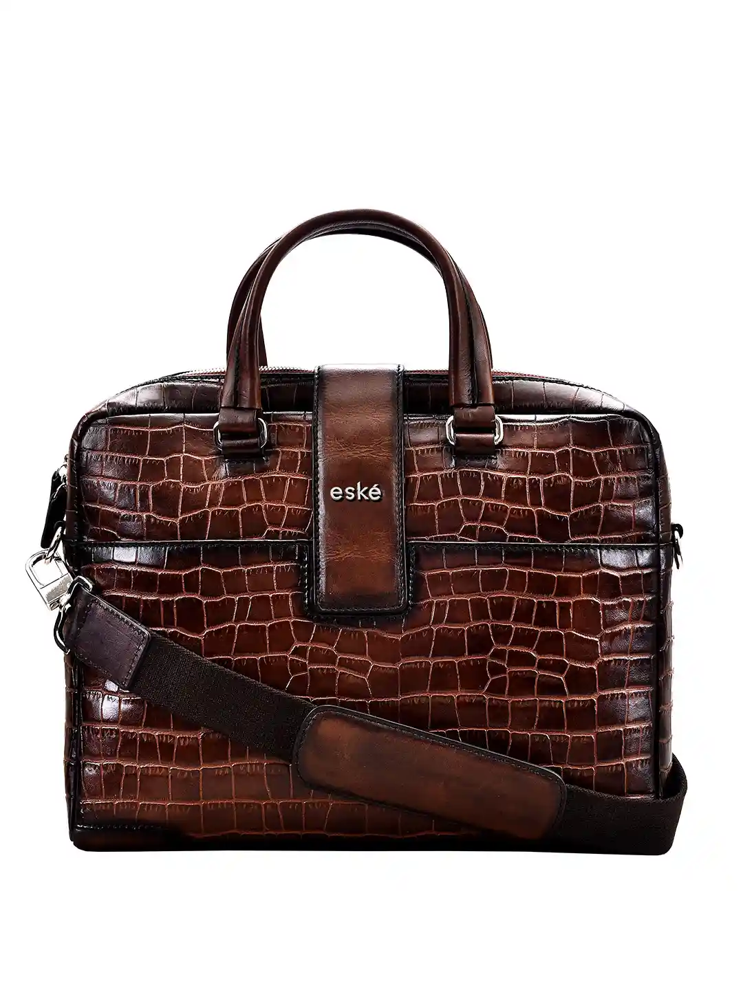 Buy Eske Men Brown Crocodile Skin Textured Leather Laptop Bag