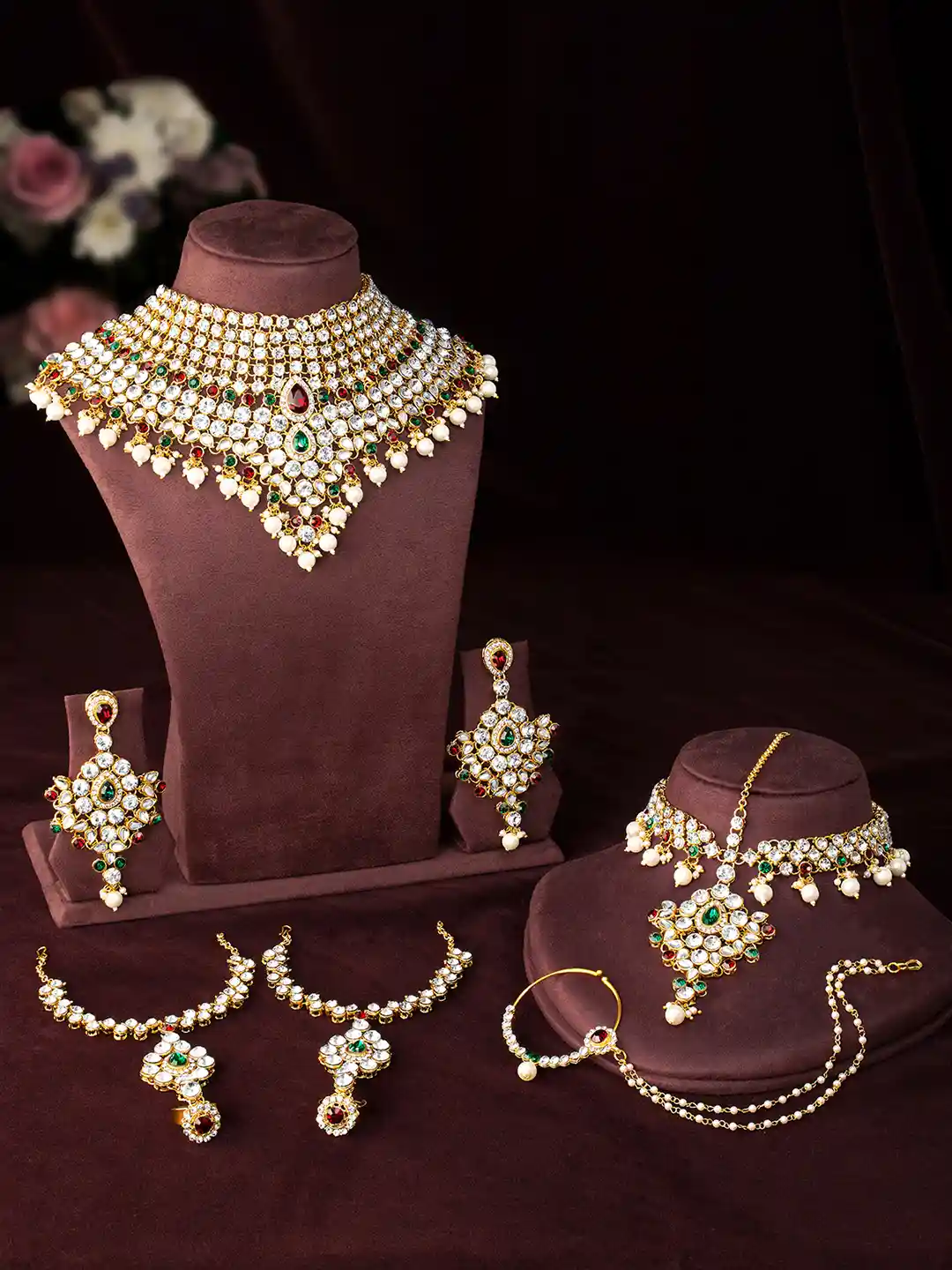 Peora 18K Gold-Plated White Akbar Cubic Zirconia Bridal Jewellery Set