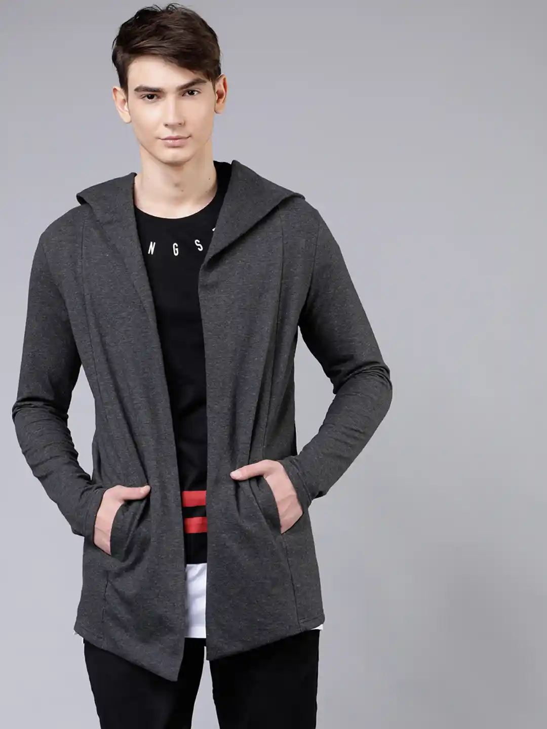 Buy LOCOMOTIVE Men Charcoal Grey Solid Open Front Shrug Shrug