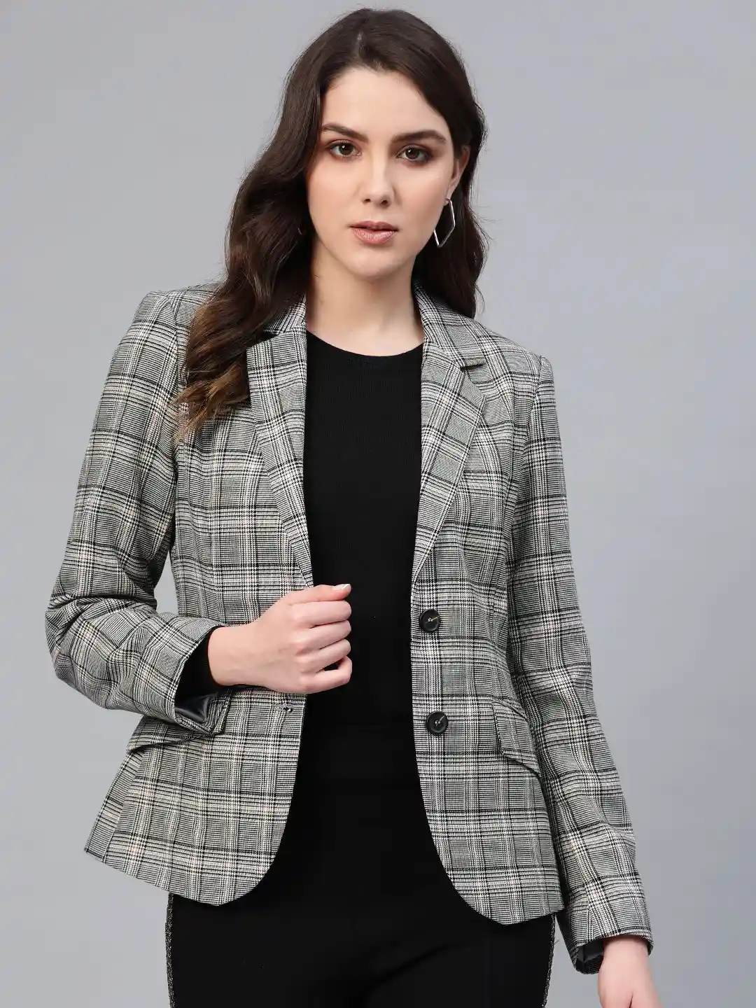 Buy COVER STORY Women Grey Black Checked Formal Blazer Blazers