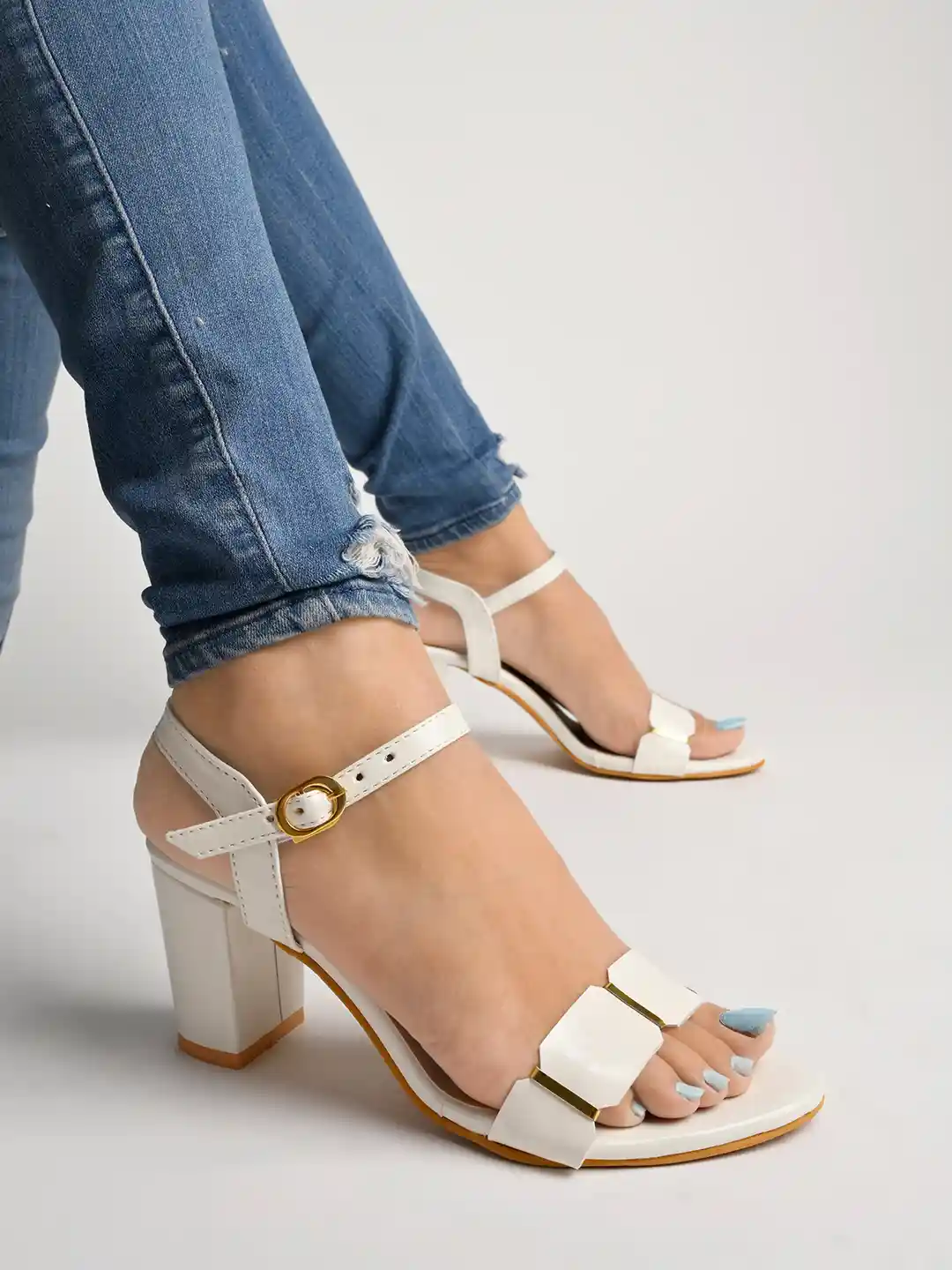 Buy Shoetopia Women White Gold-Toned Solid Block Heels Heels