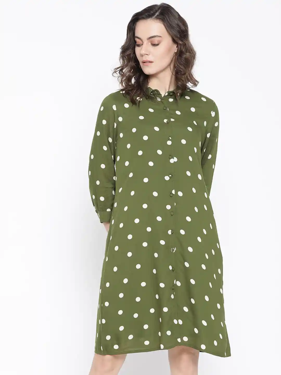 Buy RARE Women Olive Green Off-White Polka Dots Shirt Dress