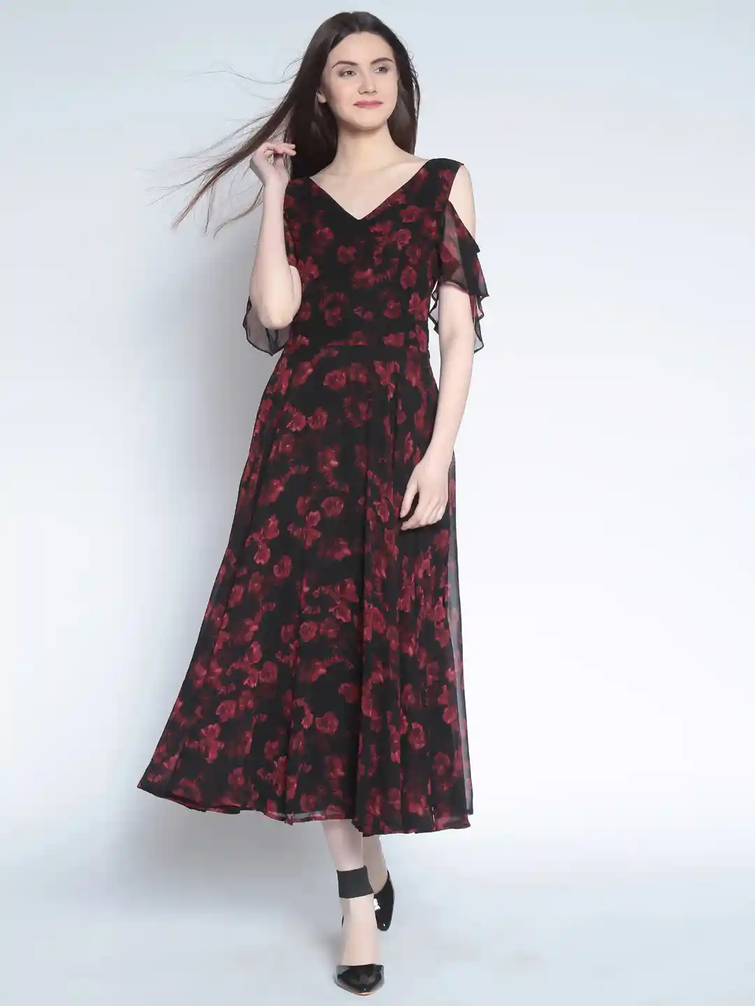 RARE Women Black Red Floral Print Party Maxi Dress