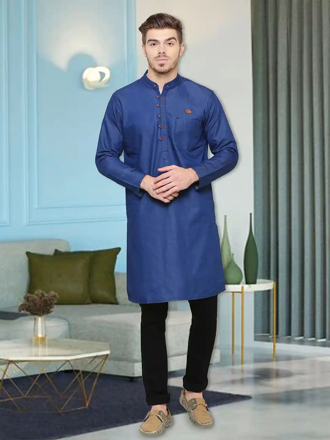 Buy Kuons Avenue Men Blue Solid Straight Denim Kurta Kurtas for