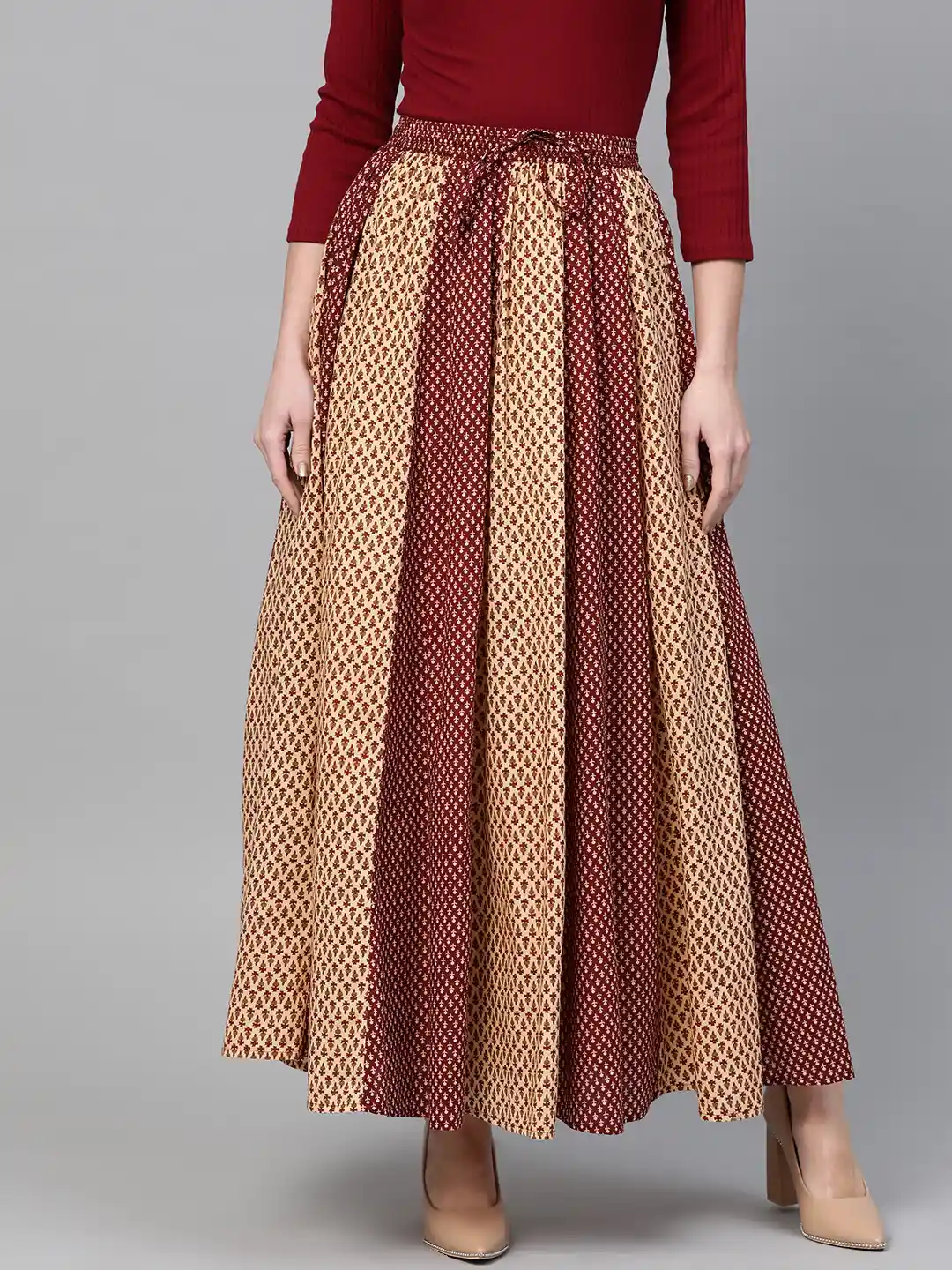 Buy anayna Women Maroon Beige Printed Flared Maxi Skirt Skirts