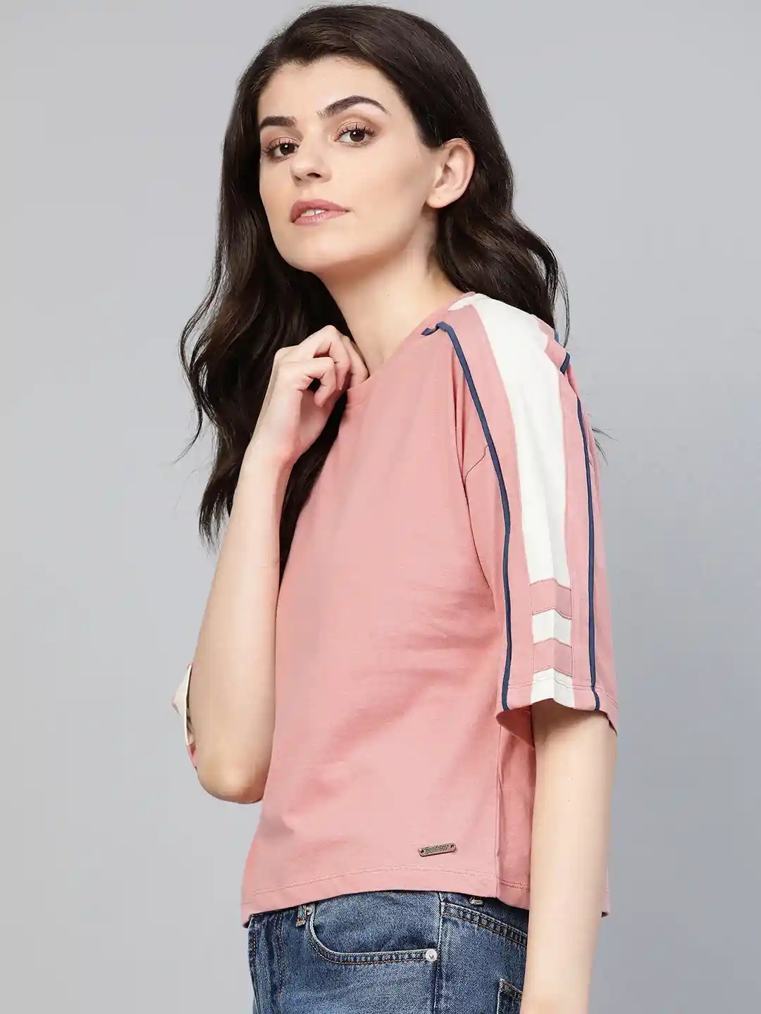 Roadster Women Peach-Coloured Solid Round Neck Pure Cotton T-shirt