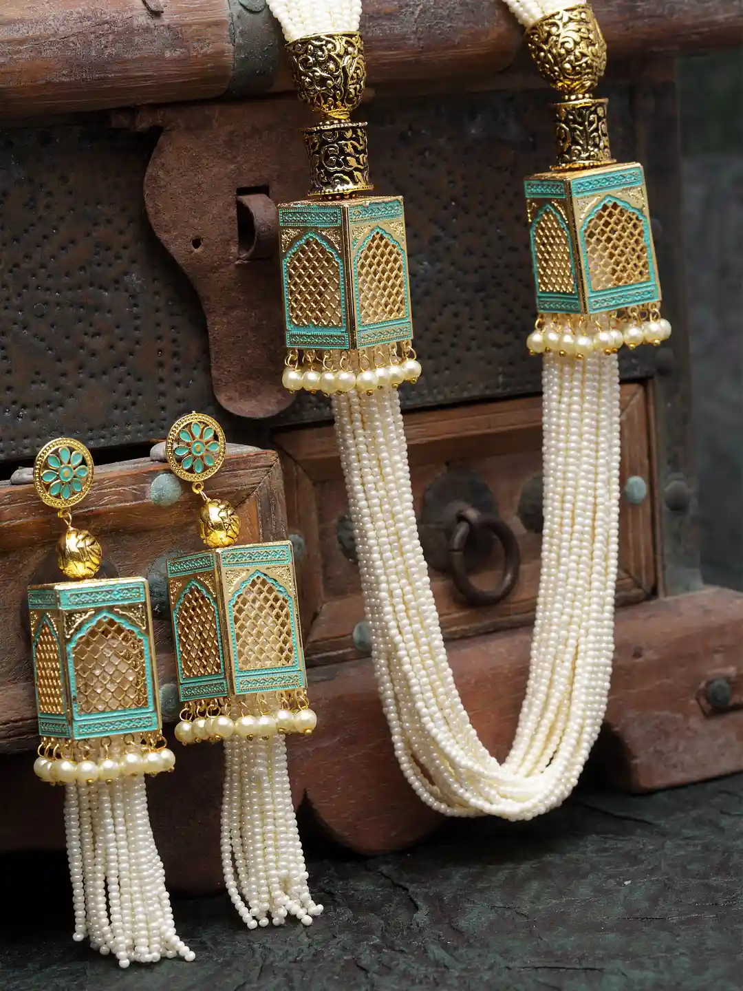 PANASH Gold-Plated Green Enameled Cream-Coloured Pearl Embellished  Handcrafted Silver Jewellery Set