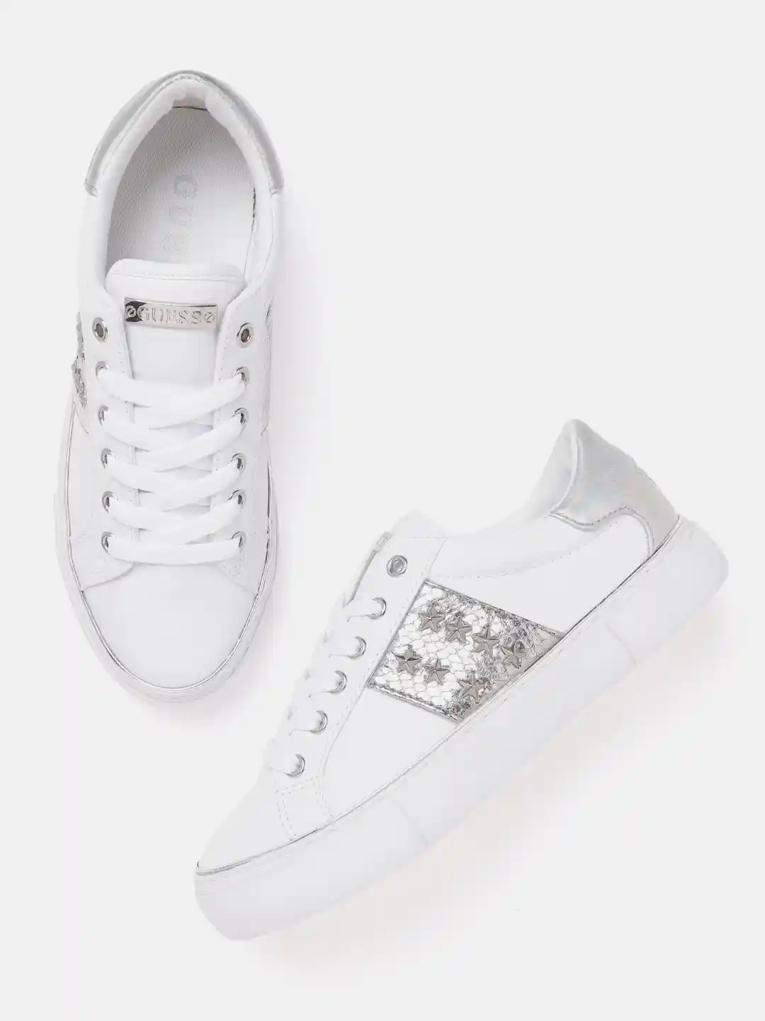 Buy GUESS Women White Silver-Toned Sneakers with Studded