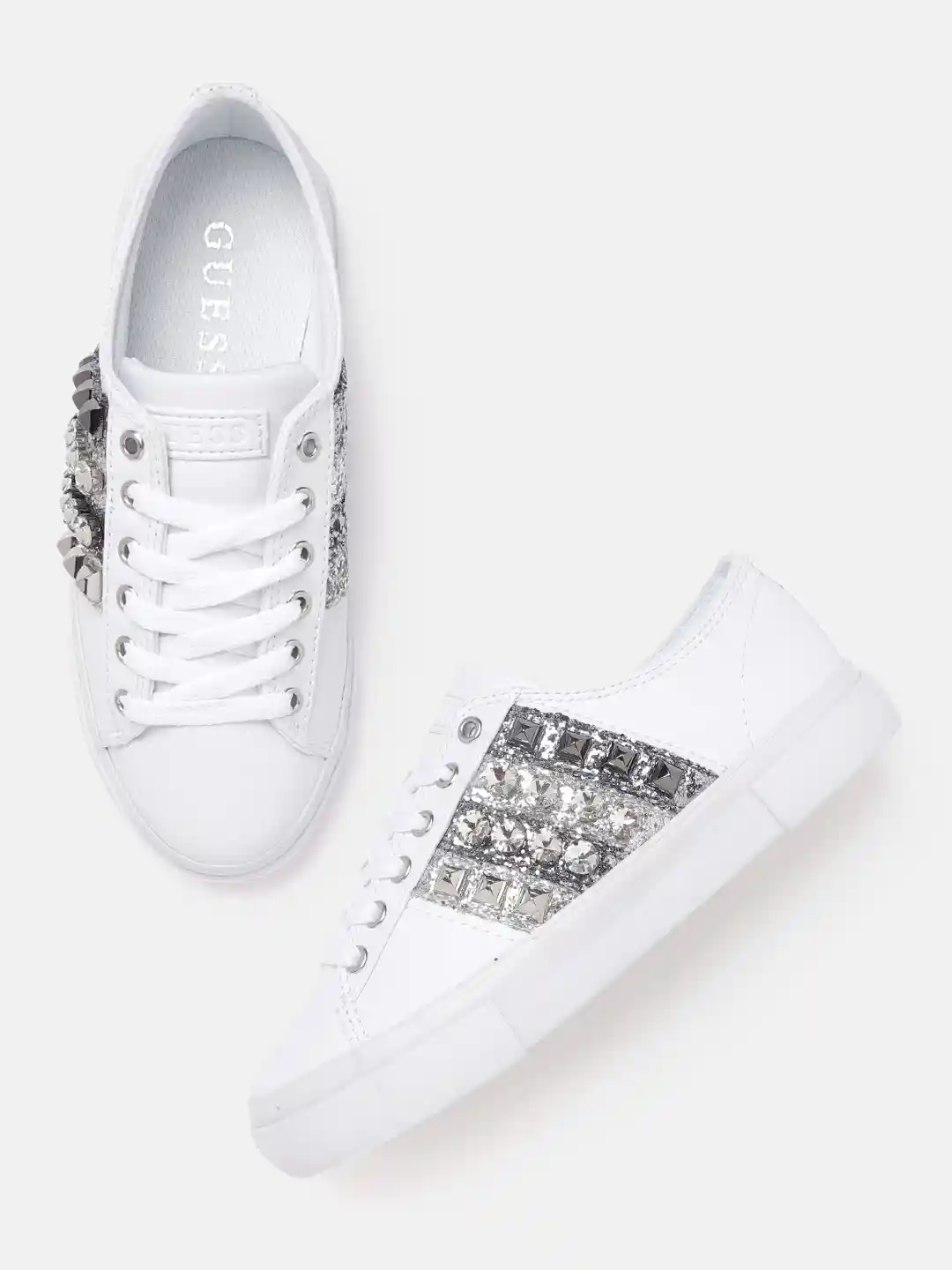 Buy GUESS Women White Gunmetal-Toned Embellished Sneakers