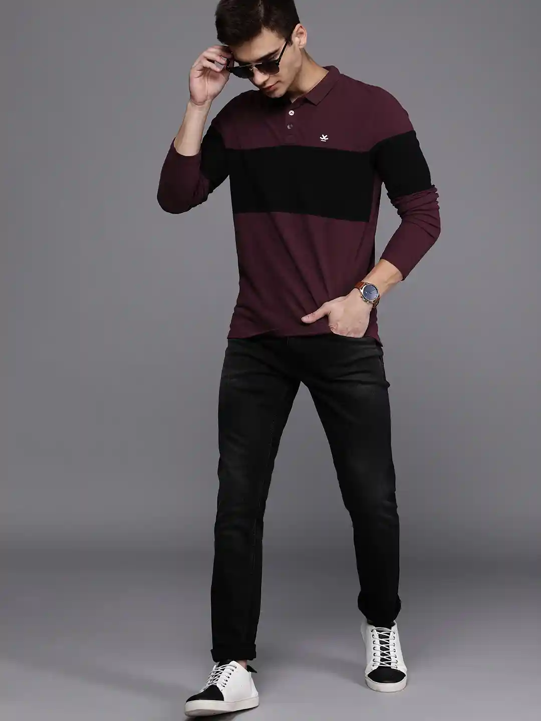 Buy WROGN Men Maroon Black Colourblocked Slim Fit Polo Collar Pure