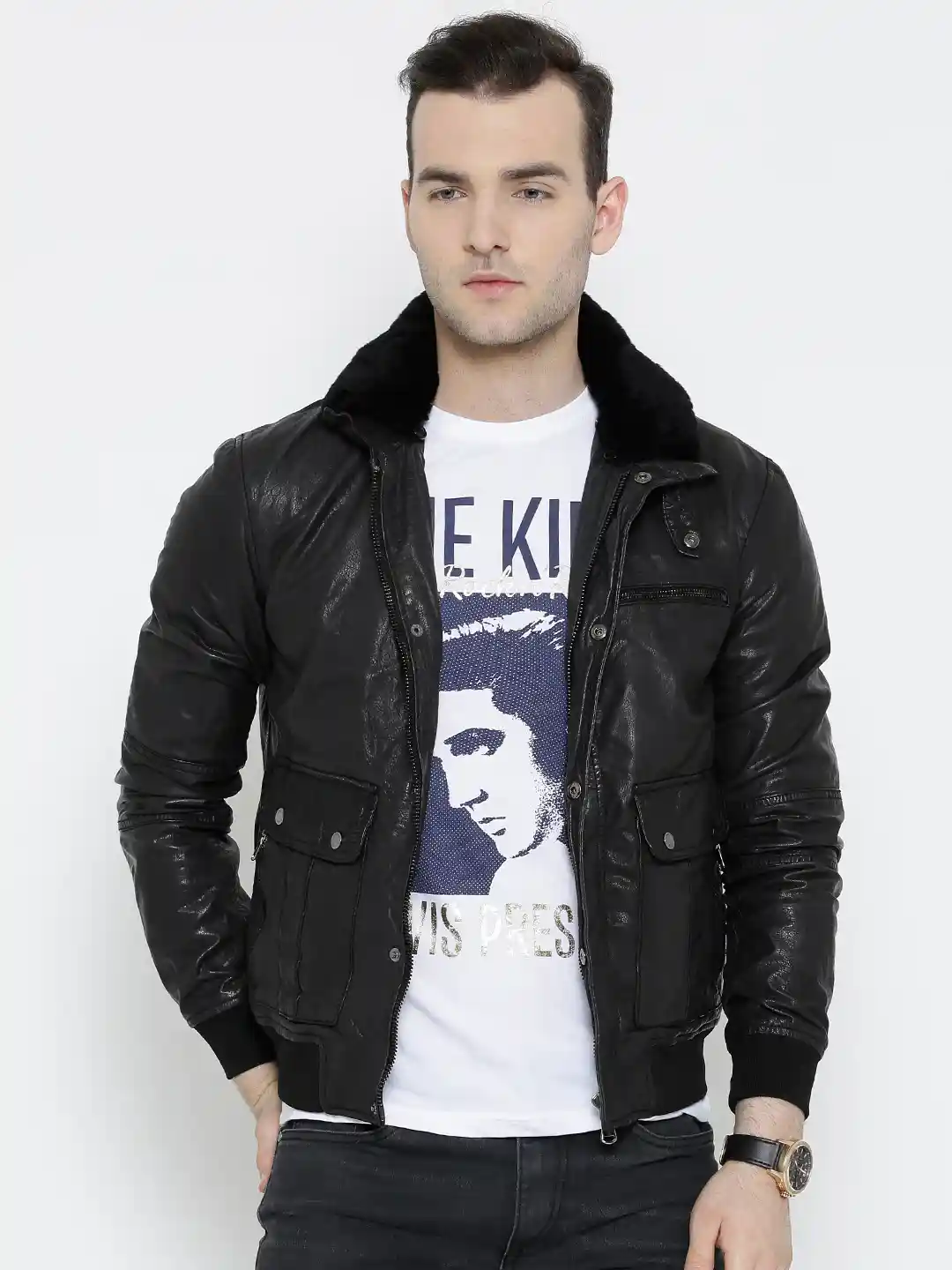 Buy BARESKIN Black Leather Jacket with Detachable Faux Fur Collar