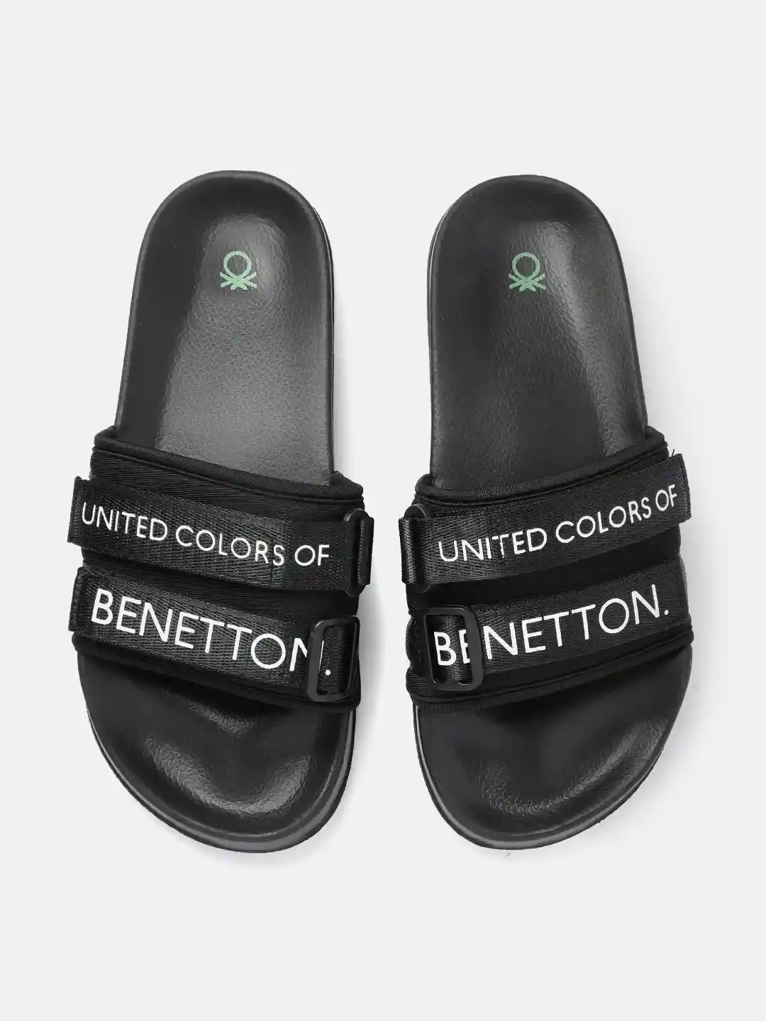 Buy United Colors of Benetton Men Black White Printed Sliders