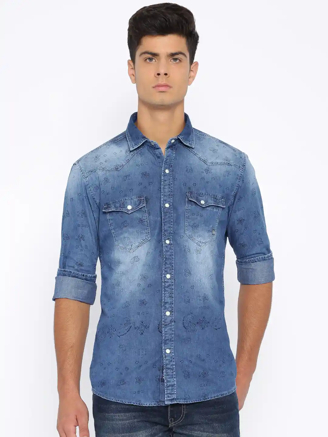Buy Killer Blue Printed Lean Fit Denim Casual Shirt - Shirts for