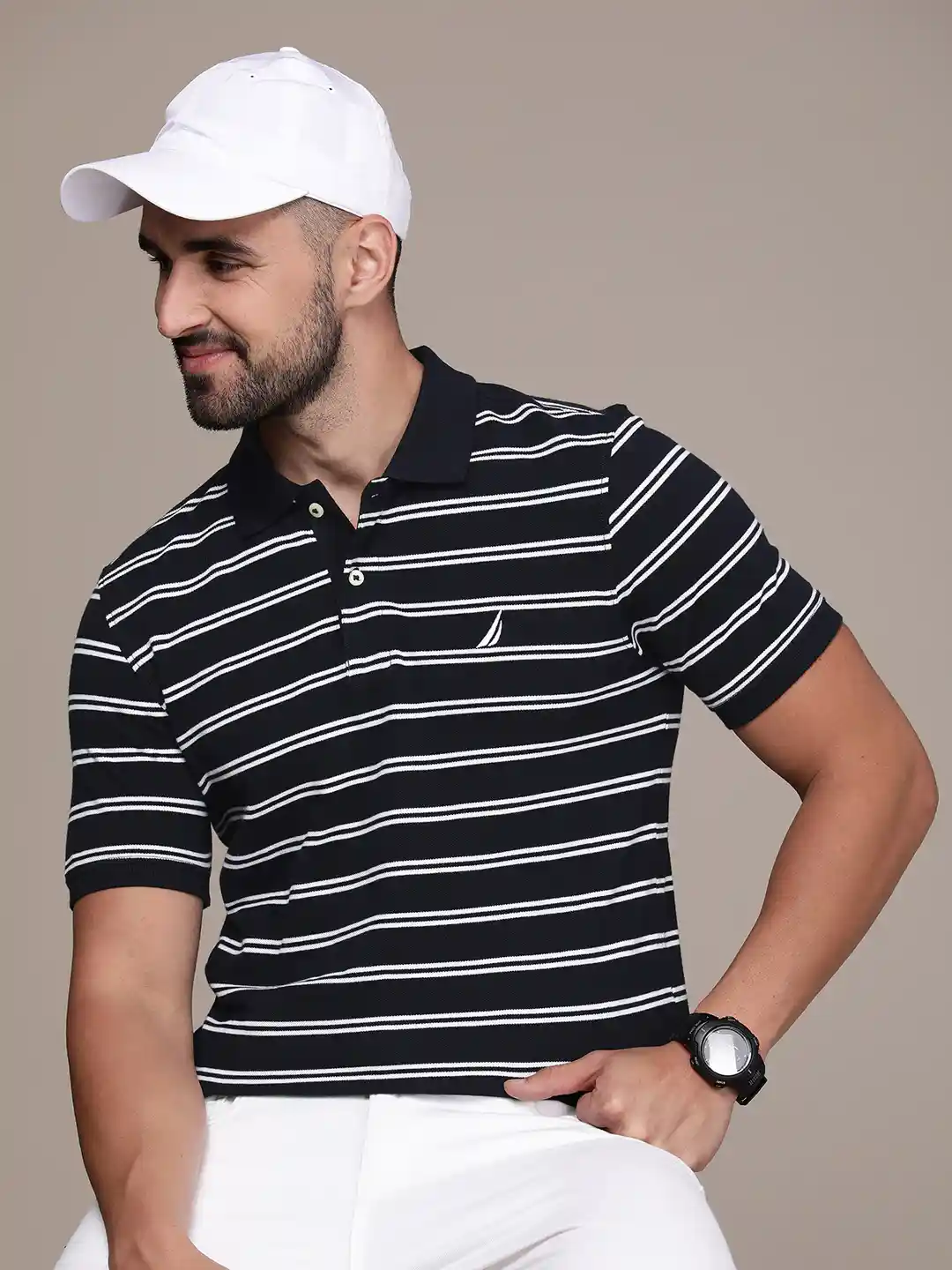 Nautica Men Navy Blue White Striped Polo Collar Pure Cotton T-shirt