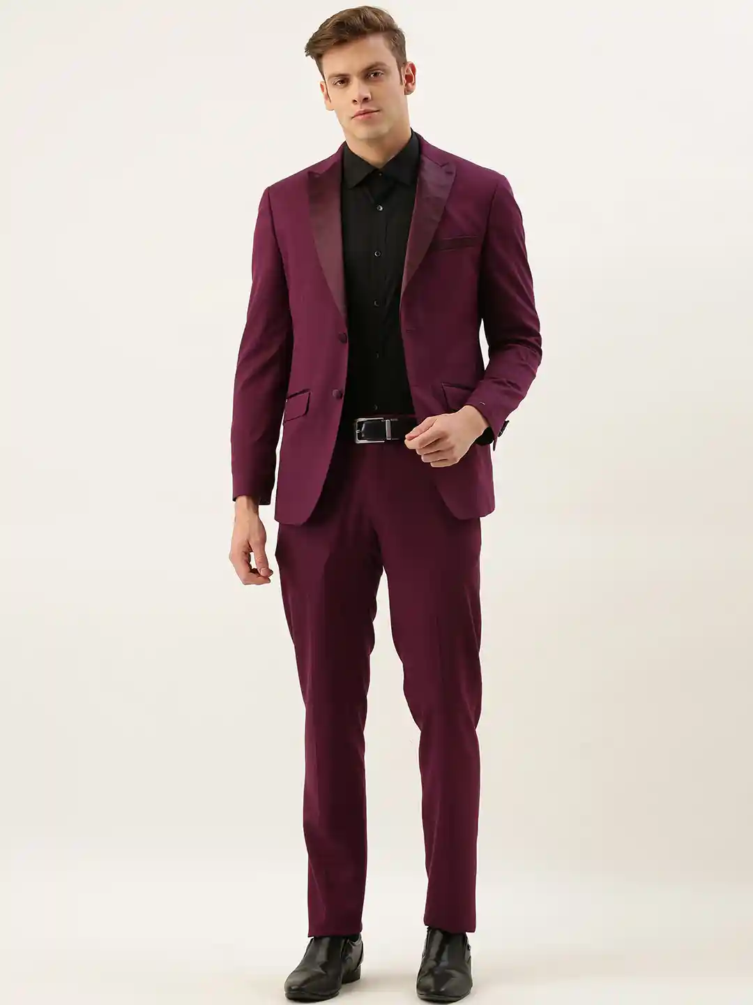 Buy Peter England Men Burgundy Self-Design Tailored Fit Single