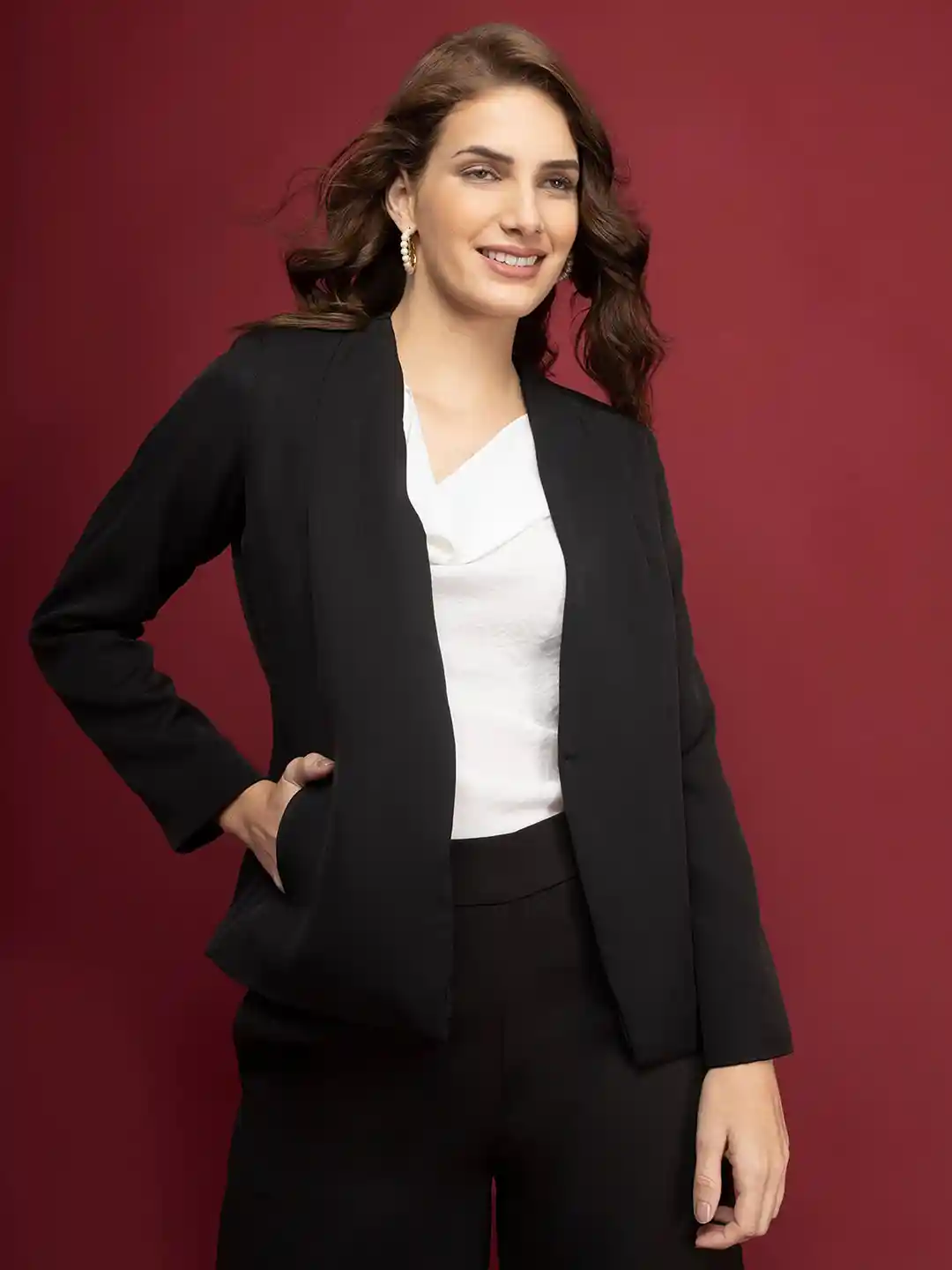 FableStreet Women Black Solid Open Front Formal Blazer