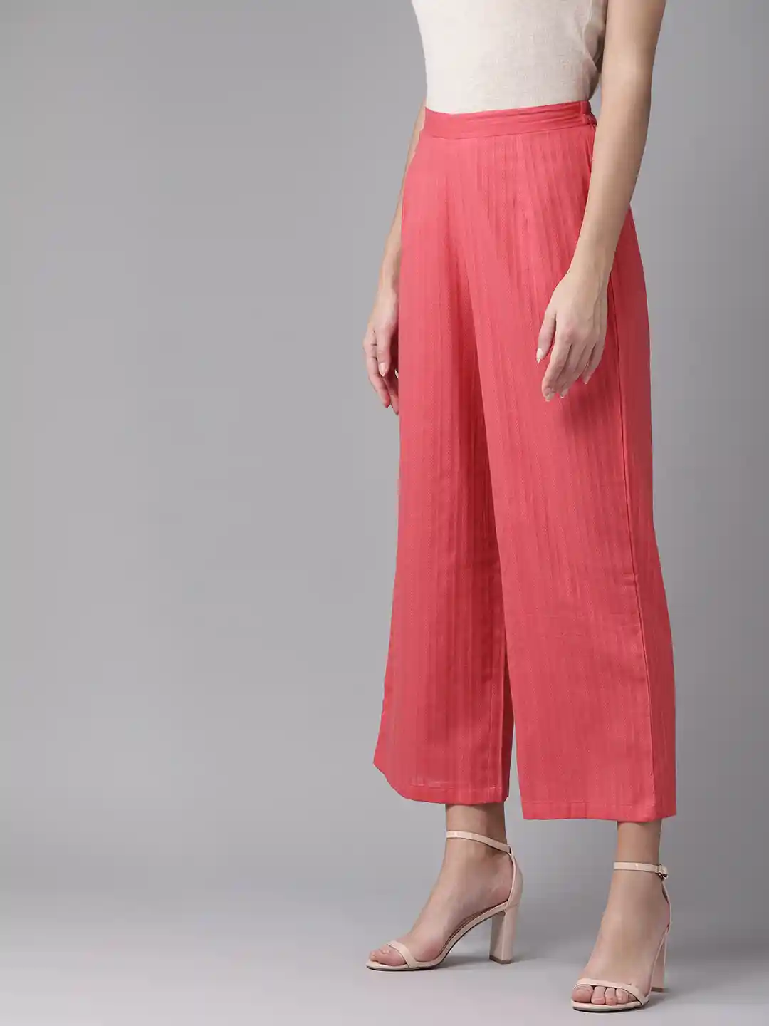 Buy anayna Women Coral Pink Self-Striped Straight Palazzos
