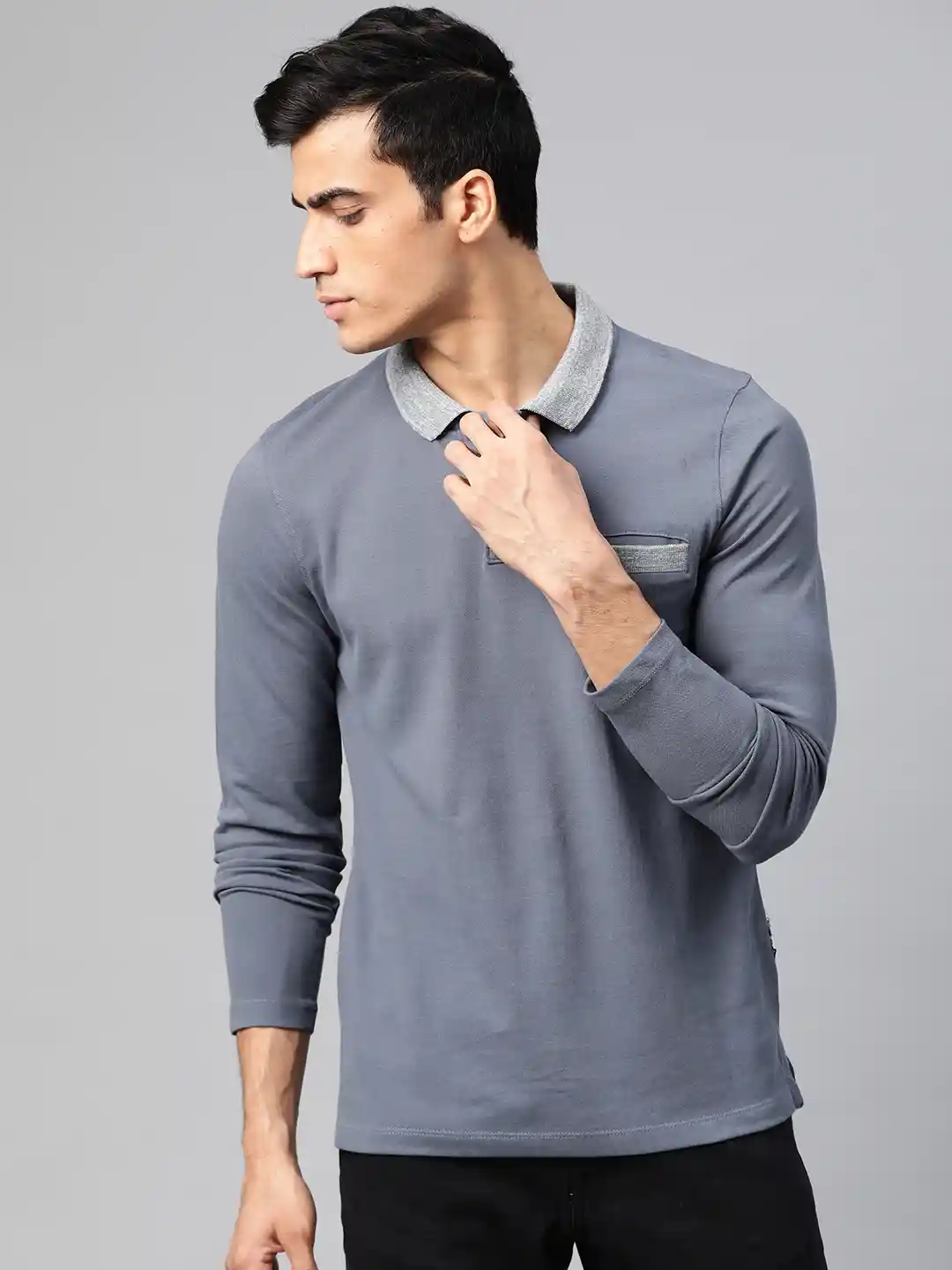 Roadster Men Grey Solid Polo Collar T-shirt