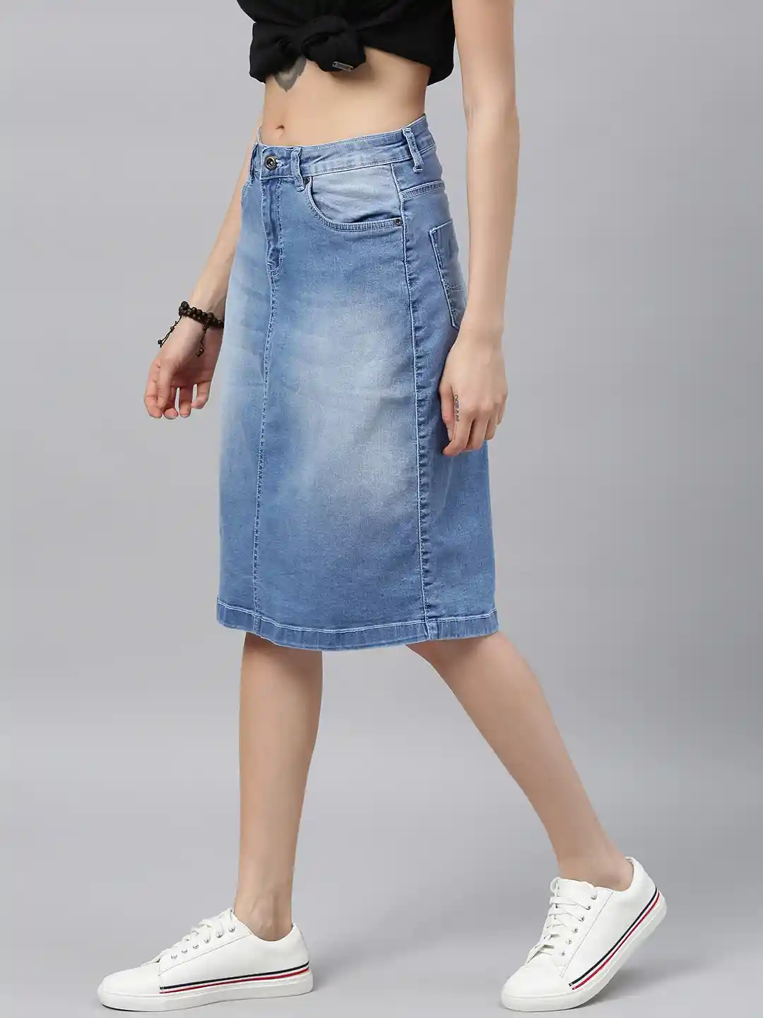 Buy Roadster Women Blue Solid Light Fade Denim Skirt Skirts for