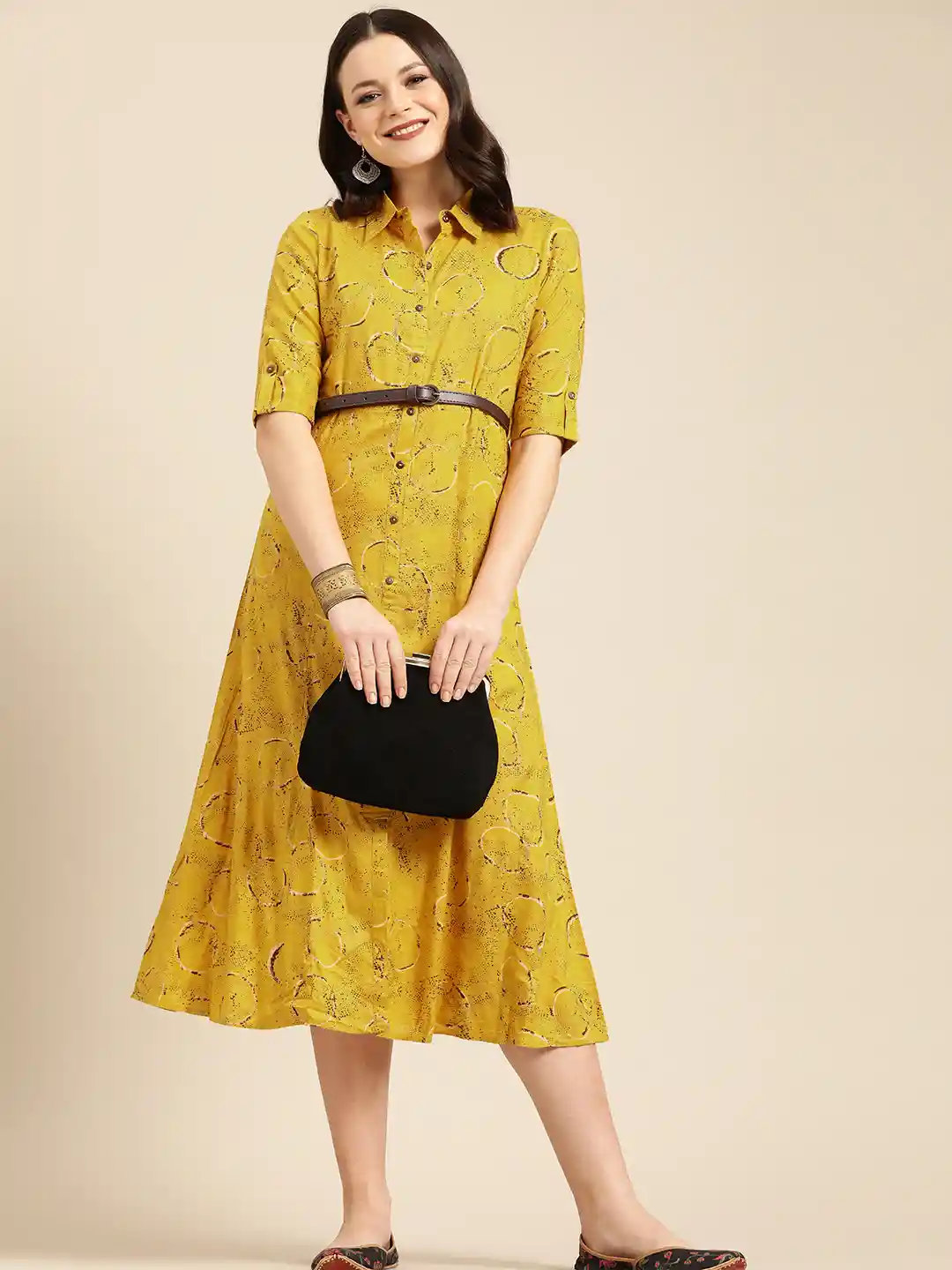 Buy Varanga Women Mustard Yellow Brown Printed Shirt Dress