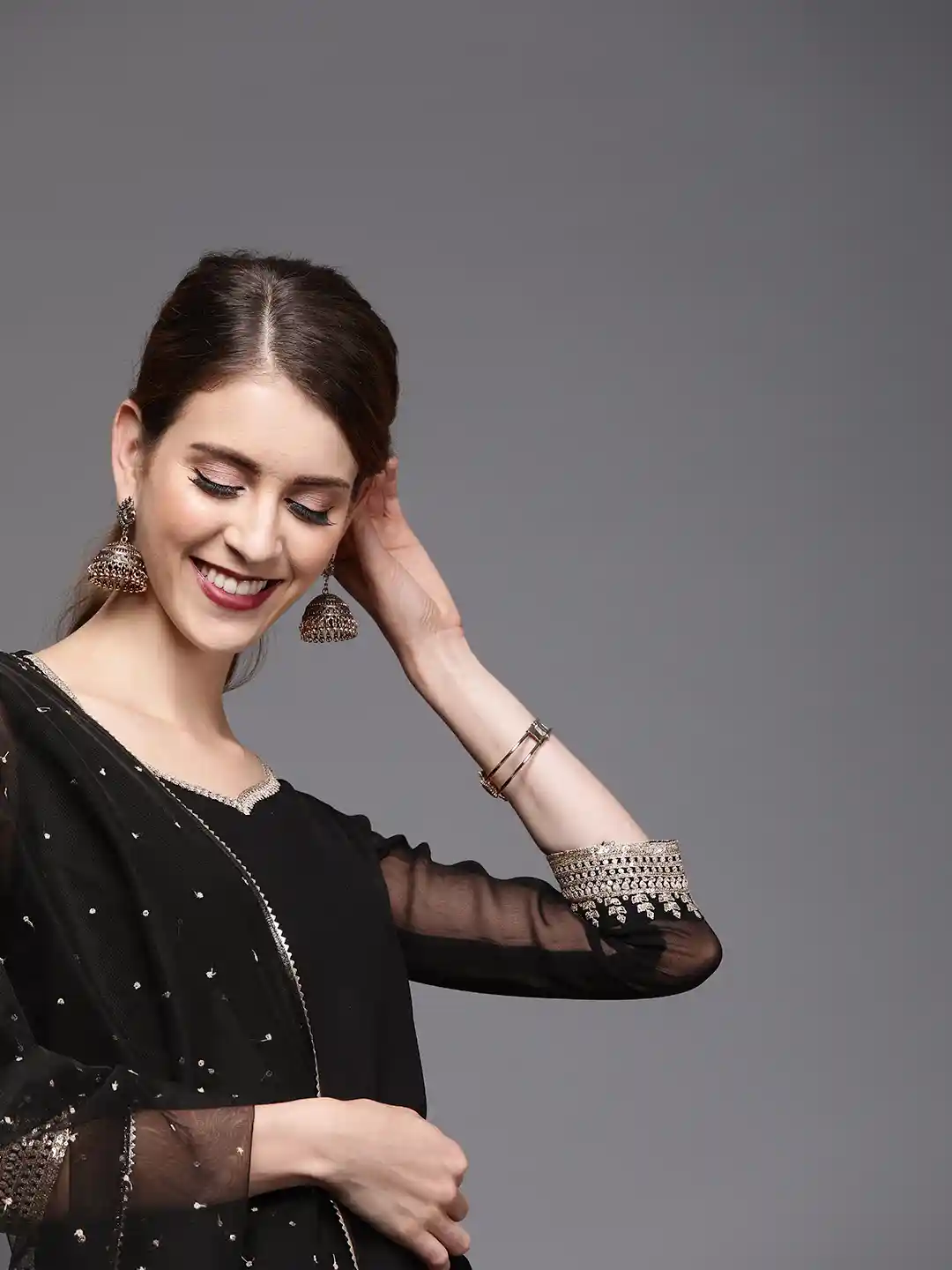 Buy Inddus Women Black Georgette Kurti with Embroidered Sharara