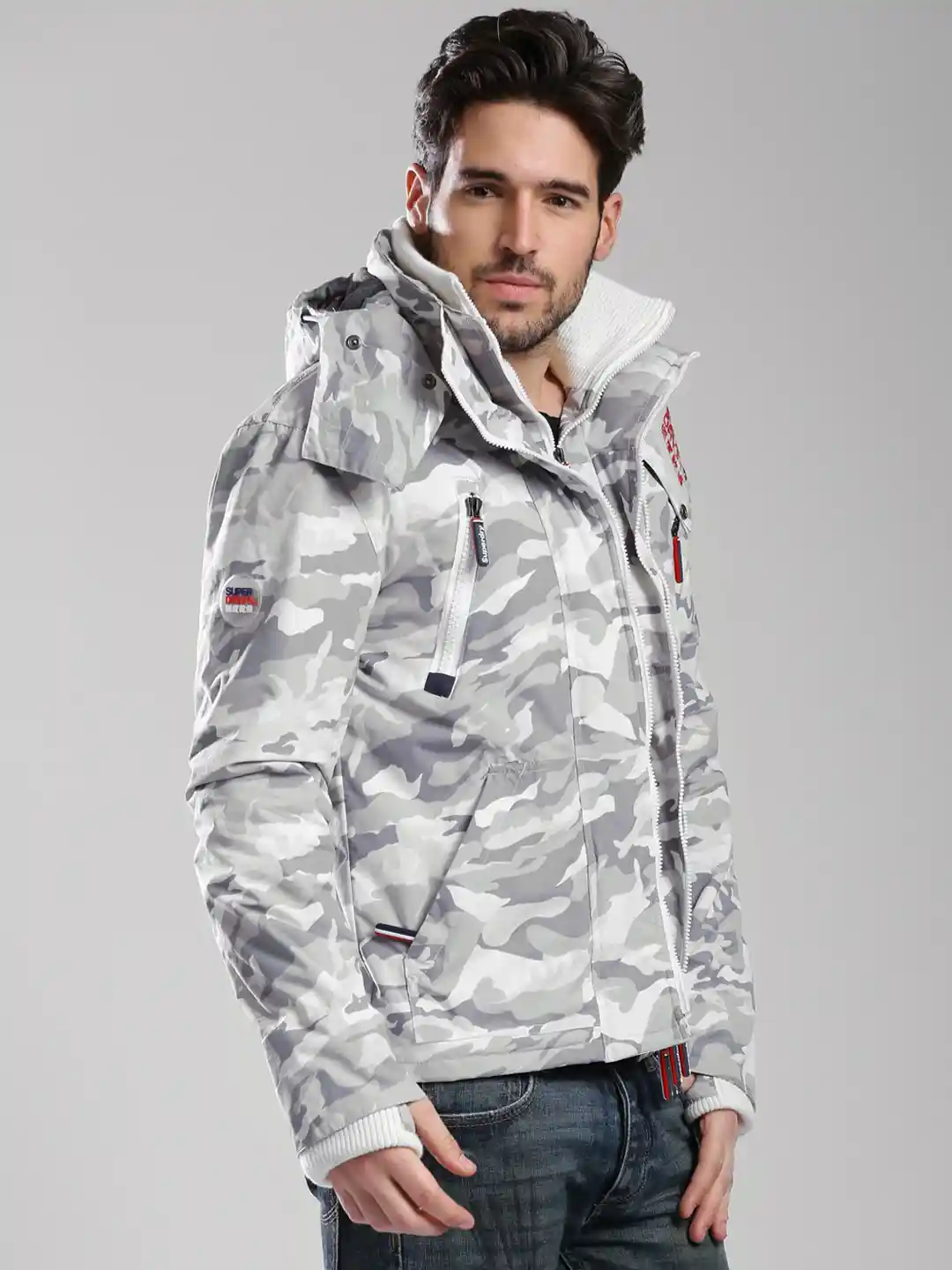 Buy Superdry White Grey Camouflage Print Hooded Jacket Jackets