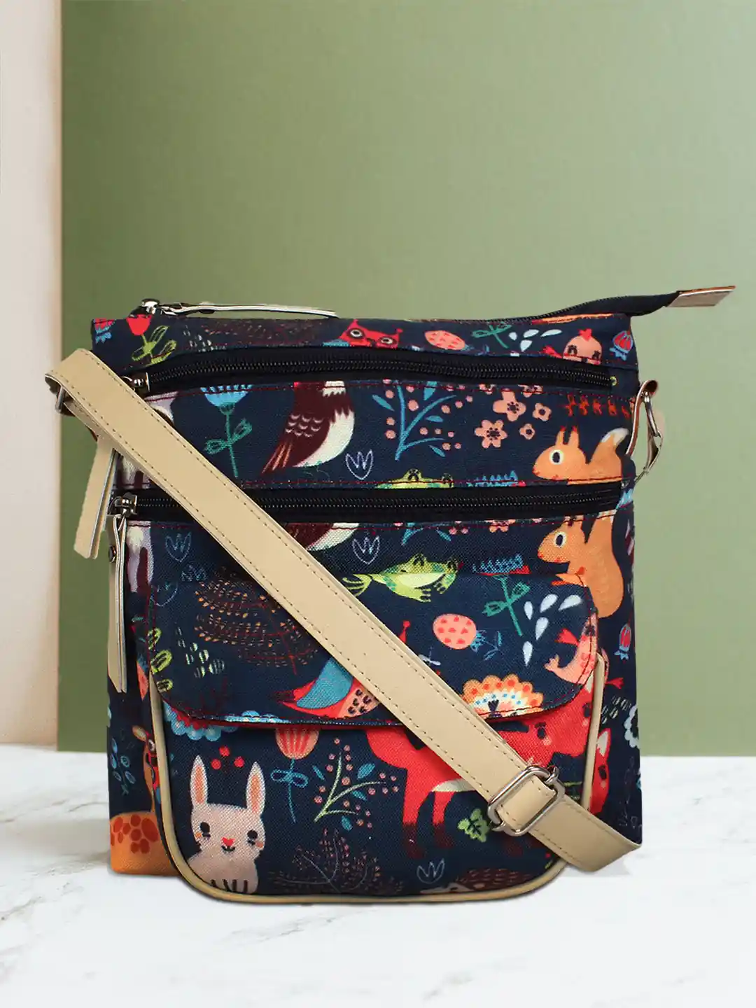 Buy Anekaant Navy Blue Orange Printed Sling Bag Handbags for