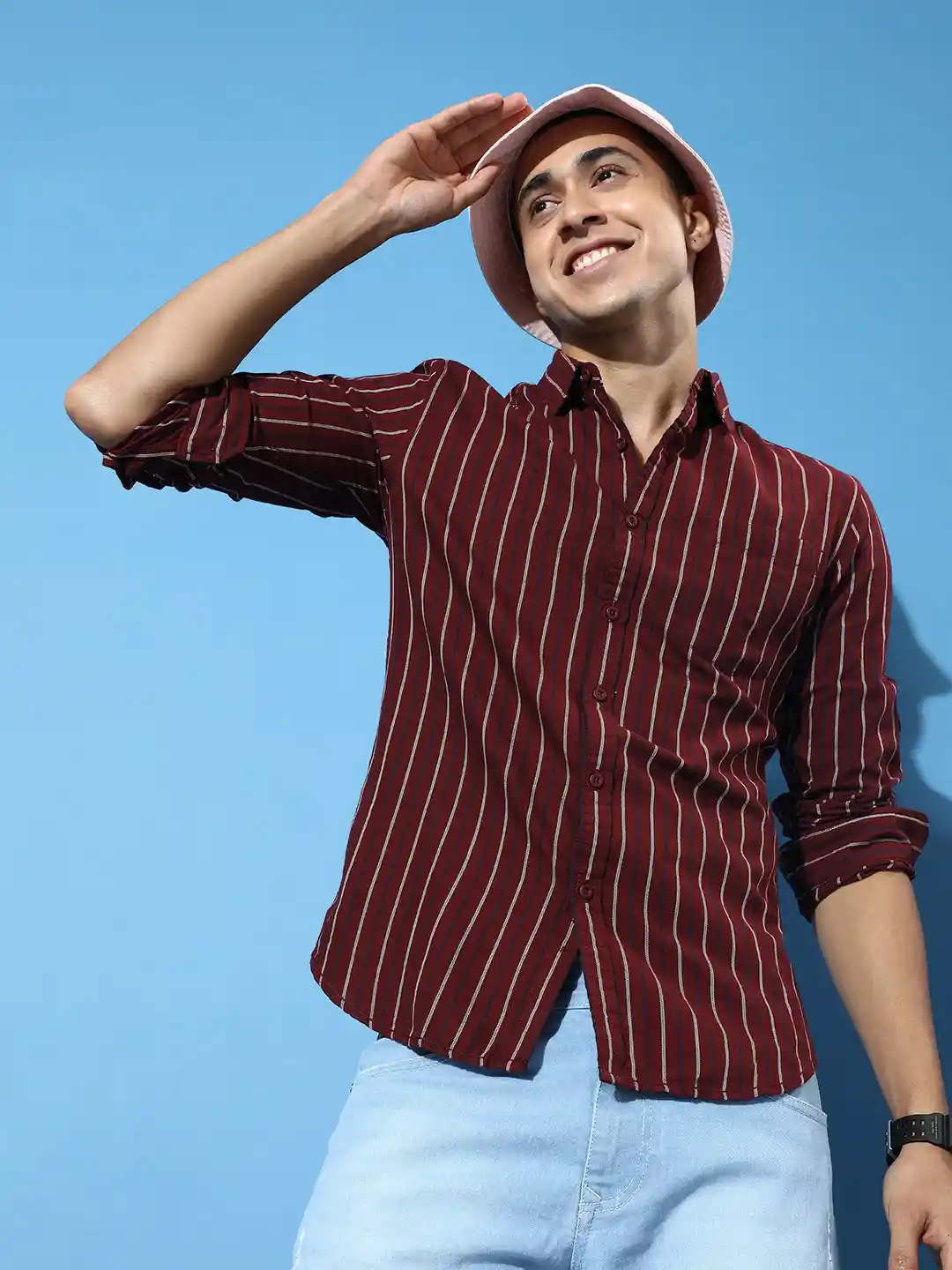 Buy HERE&NOW Passion Maroon Slim Fit Vertical Stripes Pure Cotton