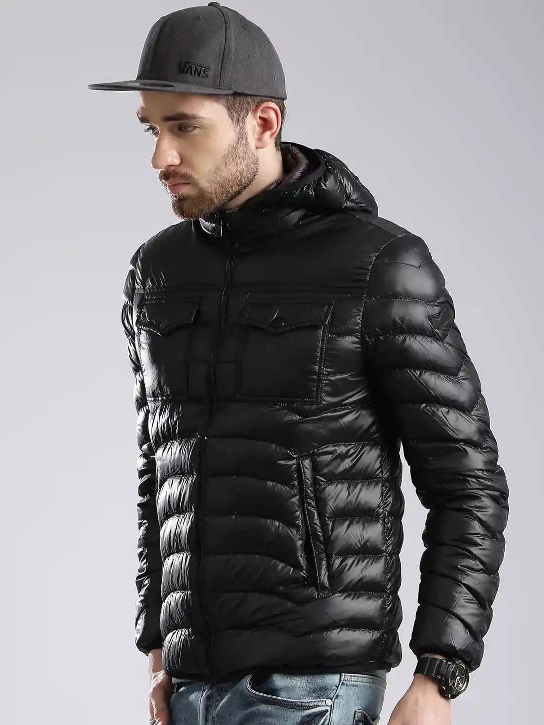 Buy GAS Black Down Jacket with Detachabble Hood Jackets for Men