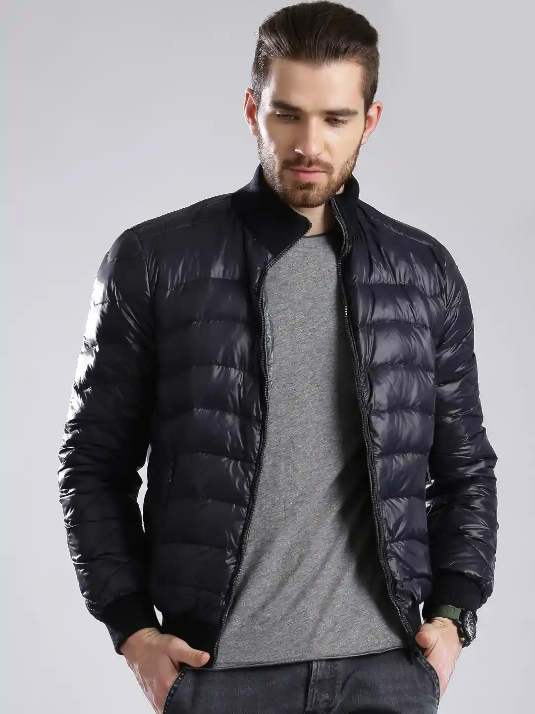 Buy GAS Grey Navy Slim Printed Reversible Bomber Jacket