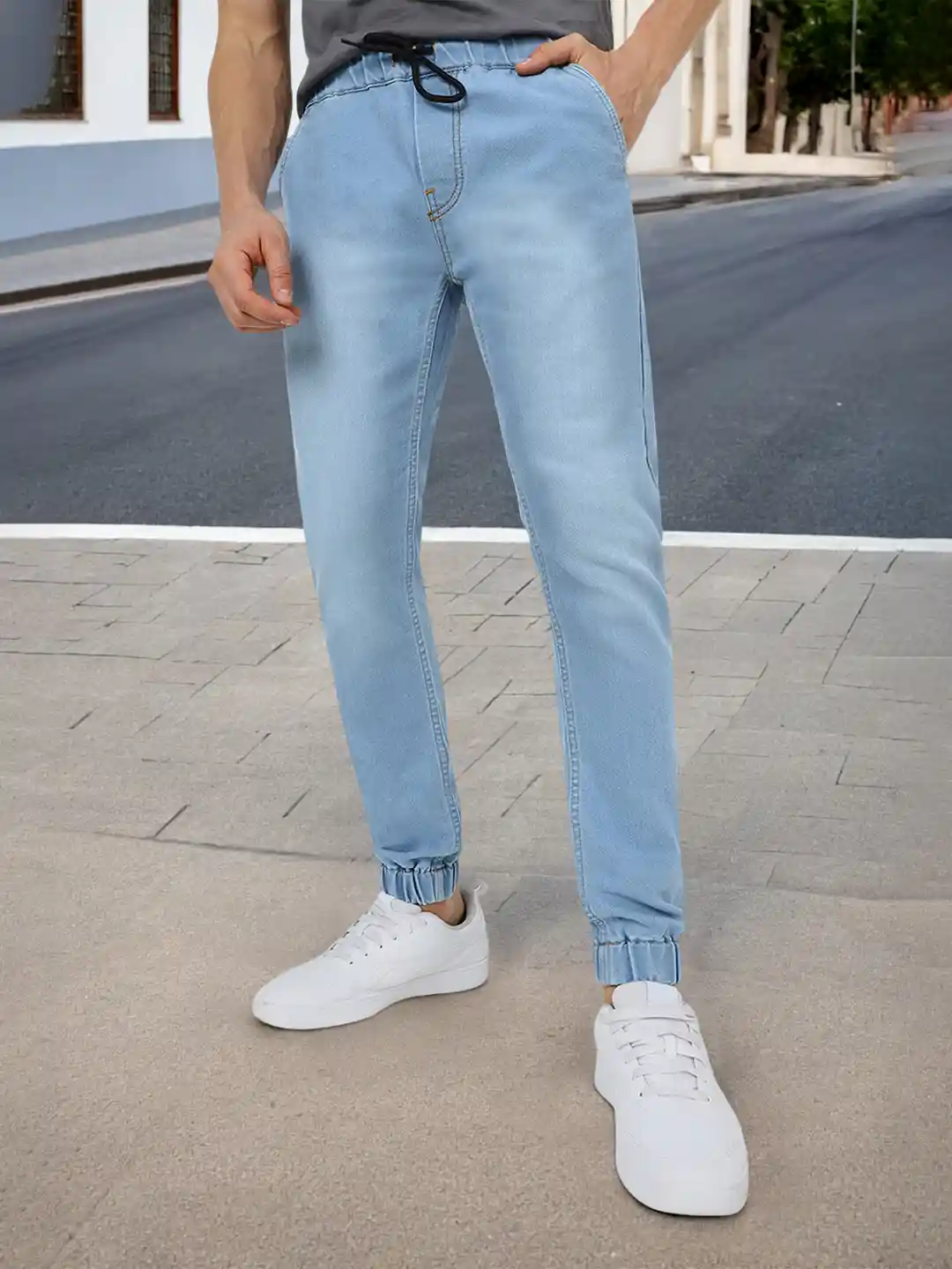 Joggers Pants Light Denim Joggers Urbano Fashion Men Blue Mid-Rise