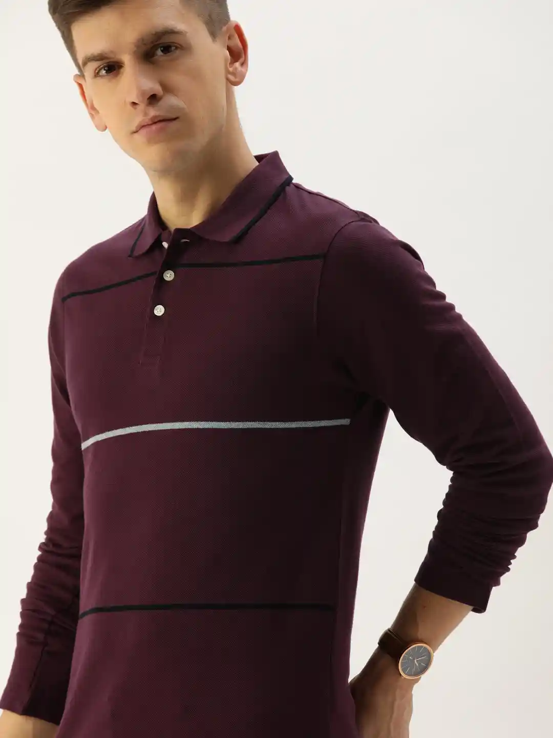 Buy INVICTUS Men Burgundy White Slim Fit Striped Polo Collar Pure