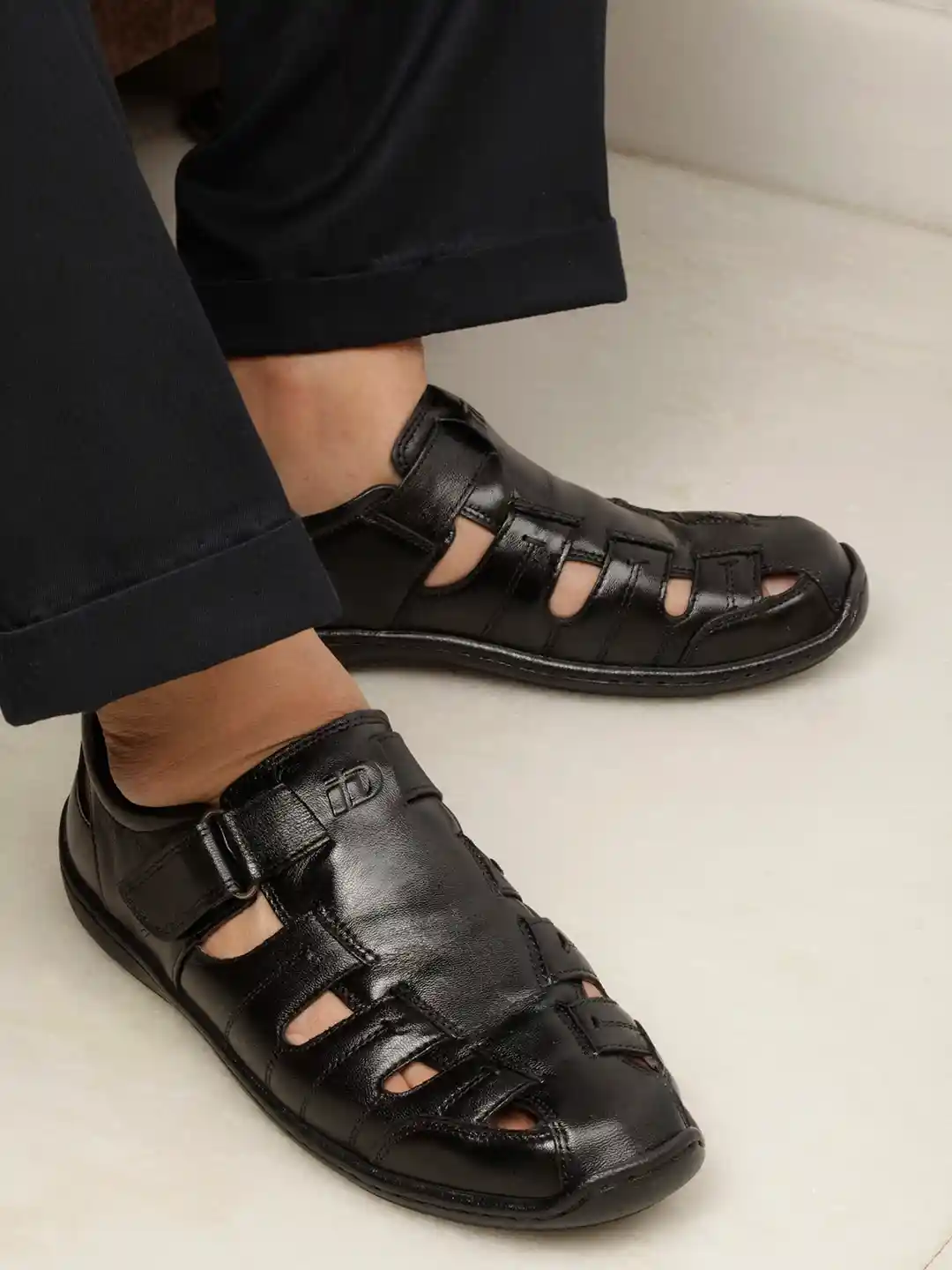 Buy ID Men Black Leather Fisherman Sandals Sandals for Men