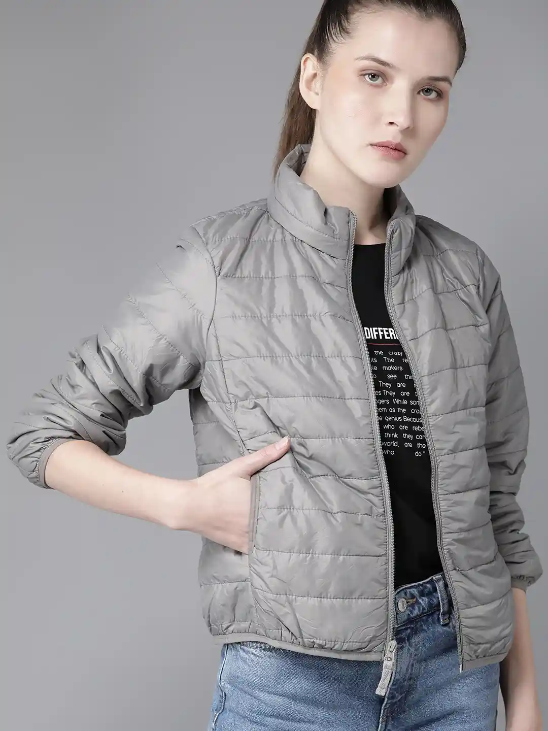 Light Grey Puffer Jacket Women's Roadster Women Grey Solid