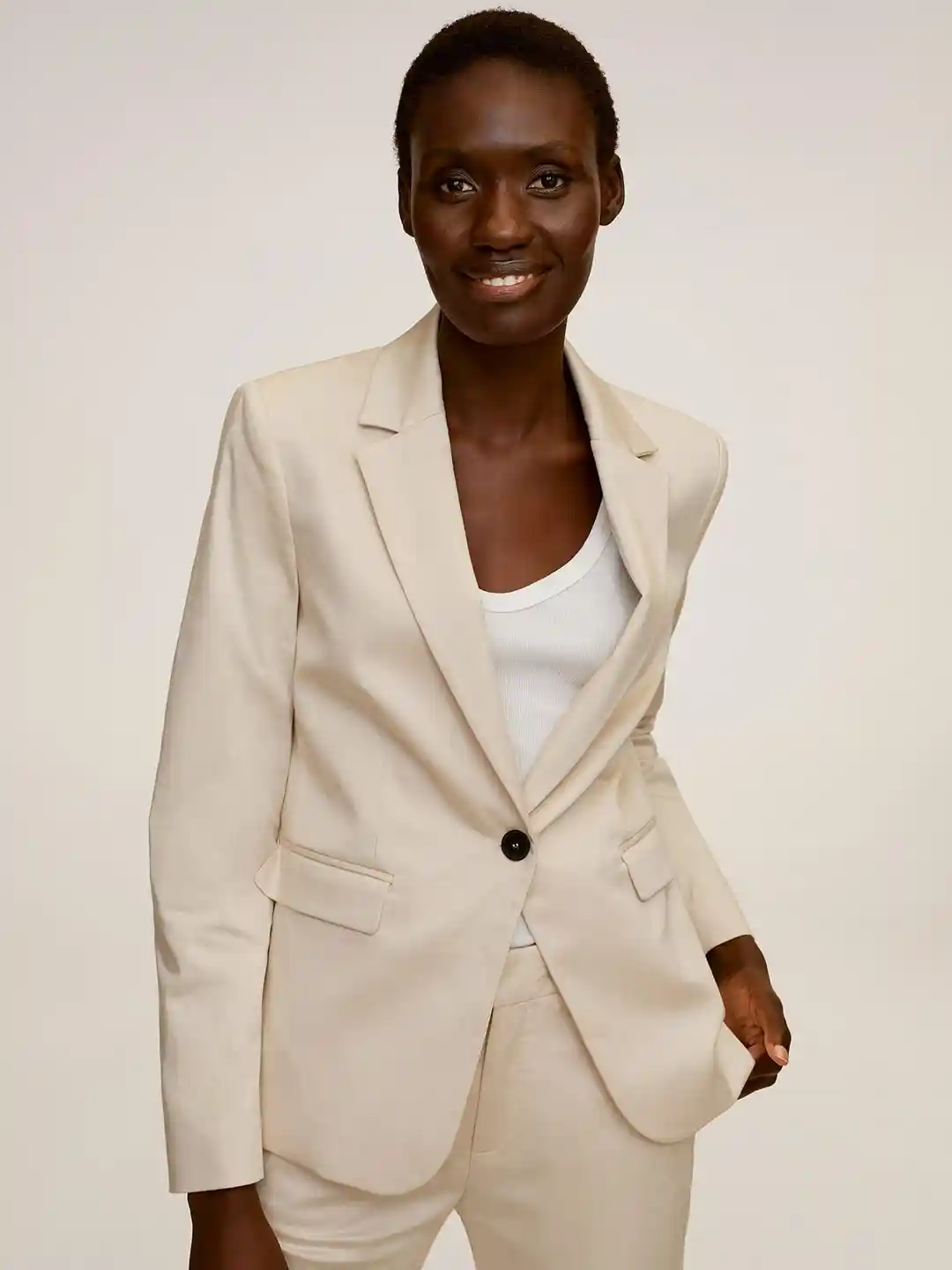 Buy MANGO Women Beige Solid Single-Breasted Sustainable Blazer