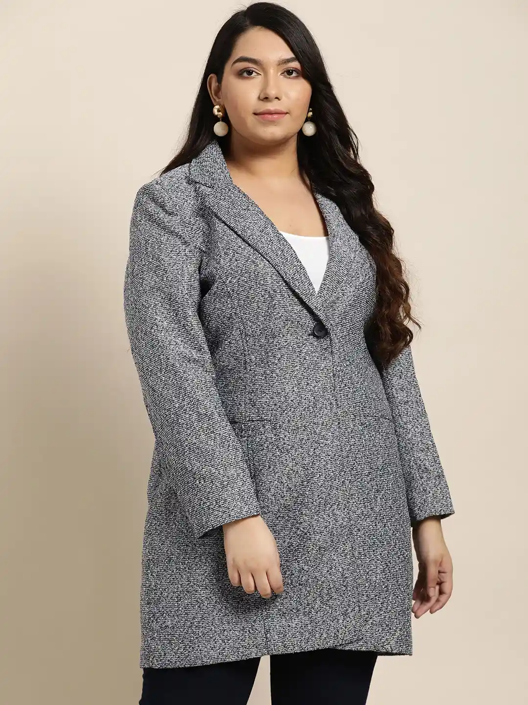 Sztori Women Plus Size Navy Blue White Self-Design Overcoat
