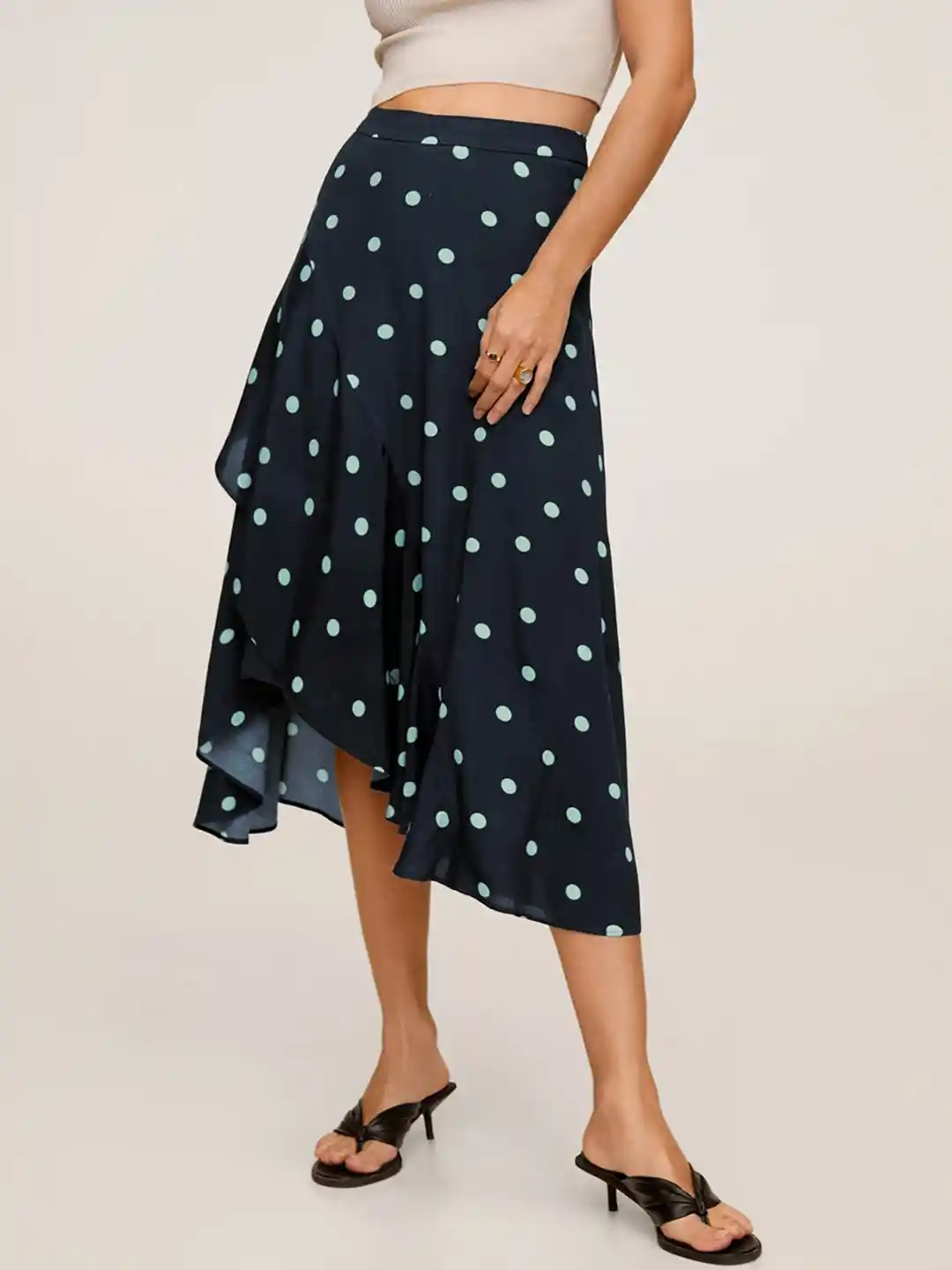 Buy MANGO Women Navy Blue Polka Dots Printed Asymmetric Hem Midi