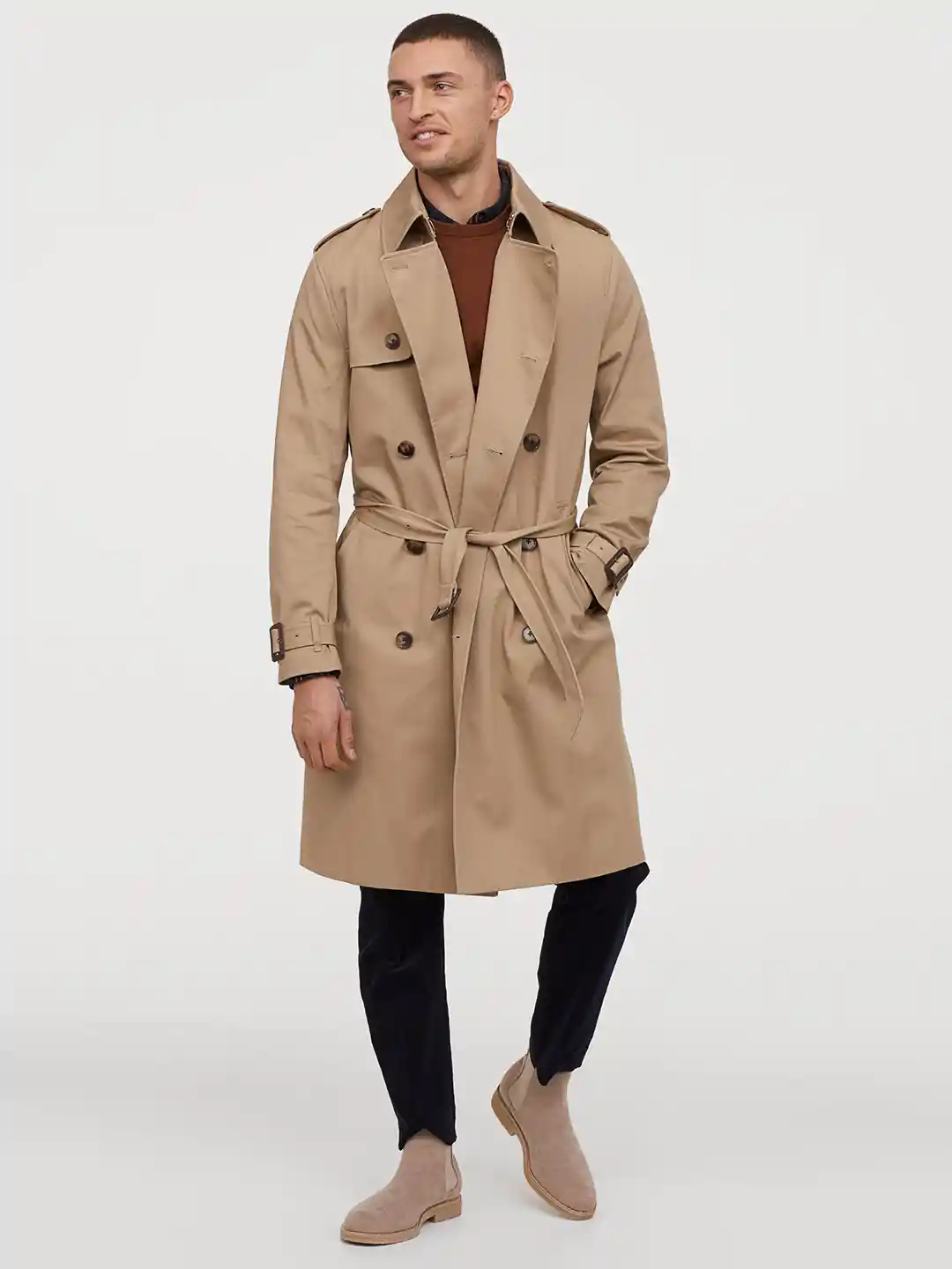 Buy H&M Men Beige Solid Cotton Twill Trench Coat Coats for Men