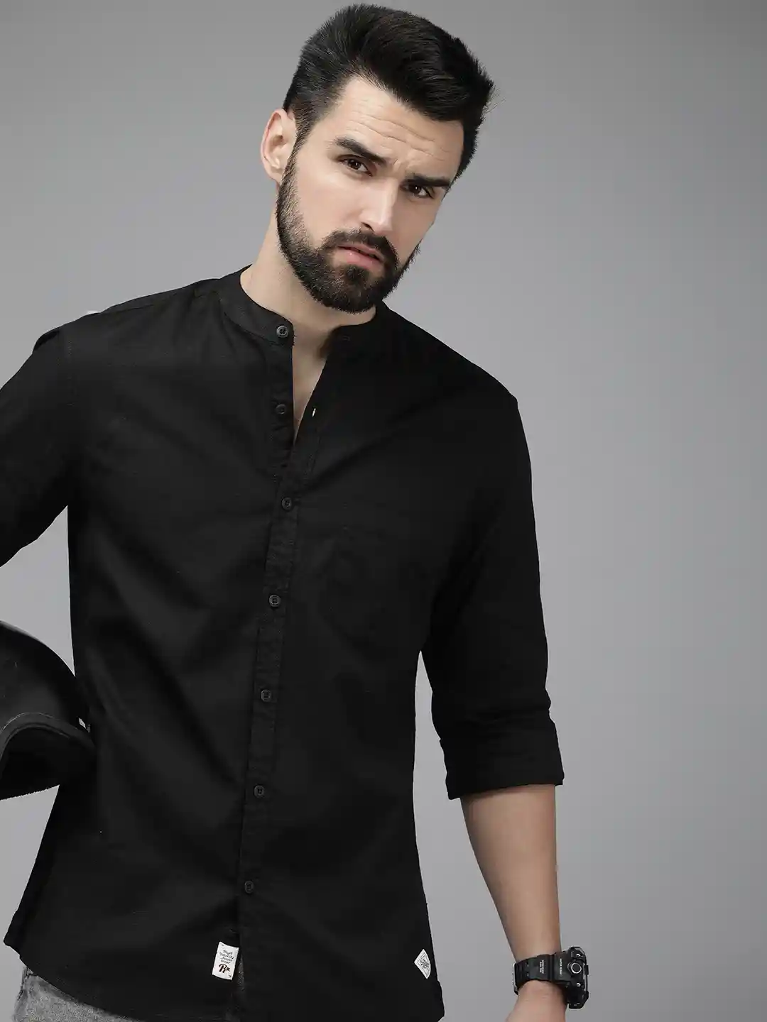 Roadster Men Black Regular Fit Solid Opaque Pure Cotton Casual Shirt