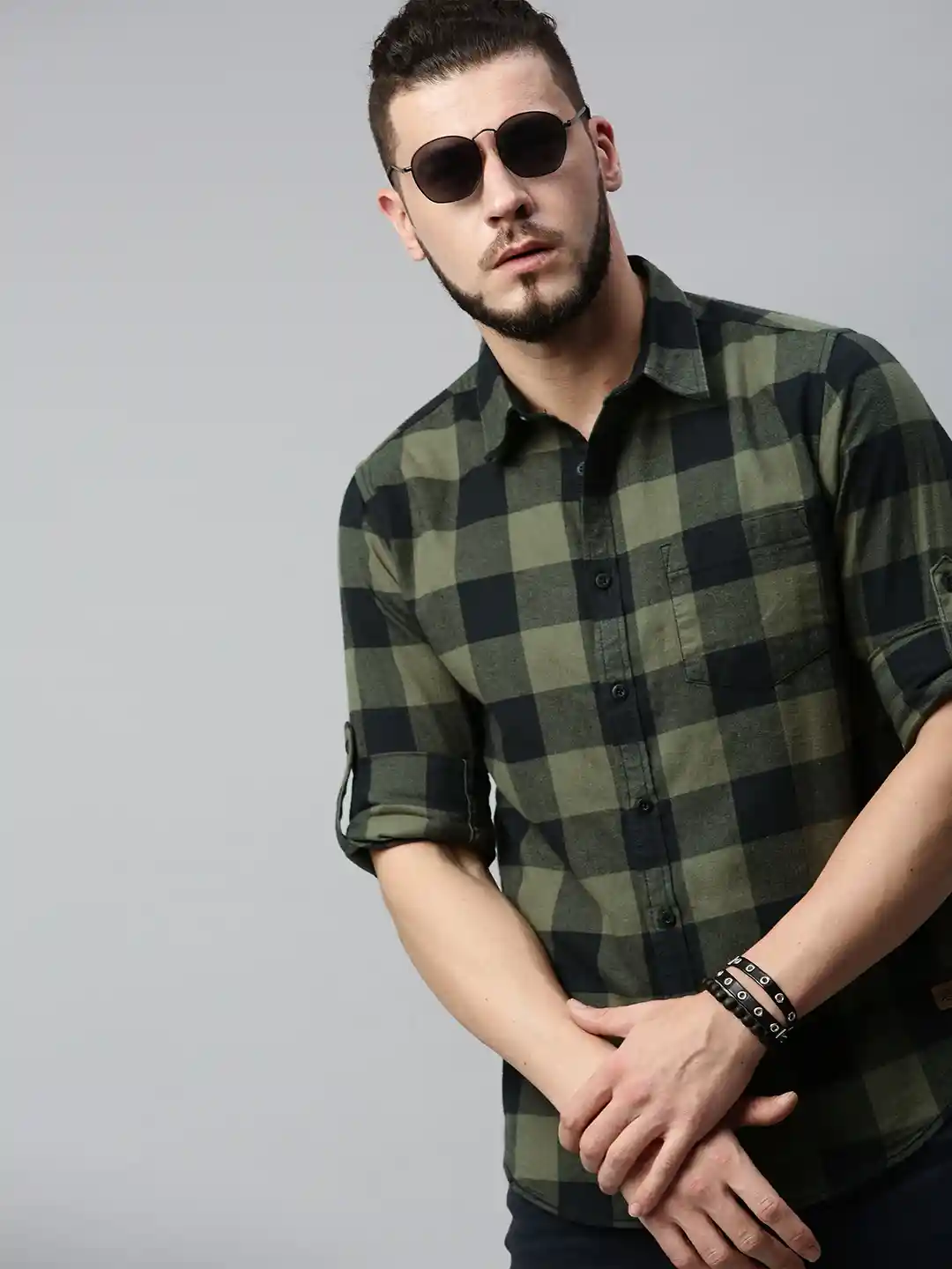 Buy Roadster Men Olive Green Black Regular Fit Checked Casual